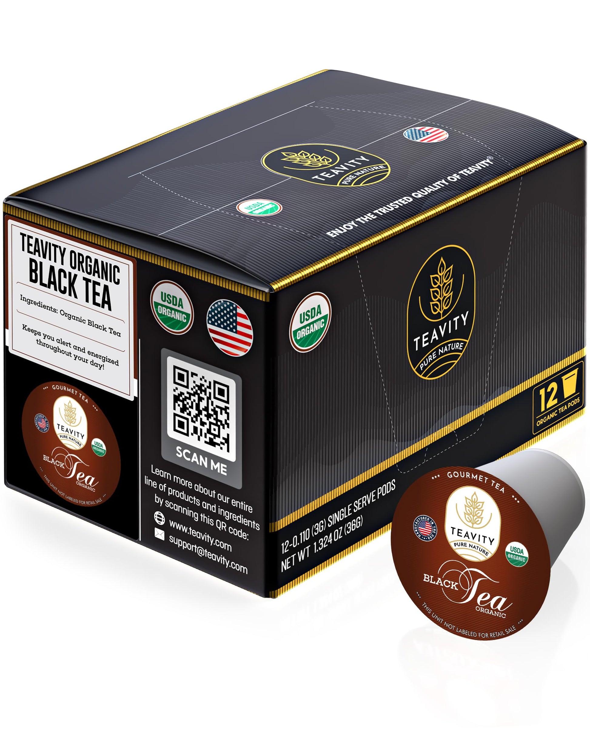 Teavity Organic Black Tea Pods - 12 Unsweetened Tea Pods For Keurig Kcup Malt-Inspired - Naturally Caffeinated, Hand-Picked From Sri Lanka, Sturdy Packaging, American Owned
