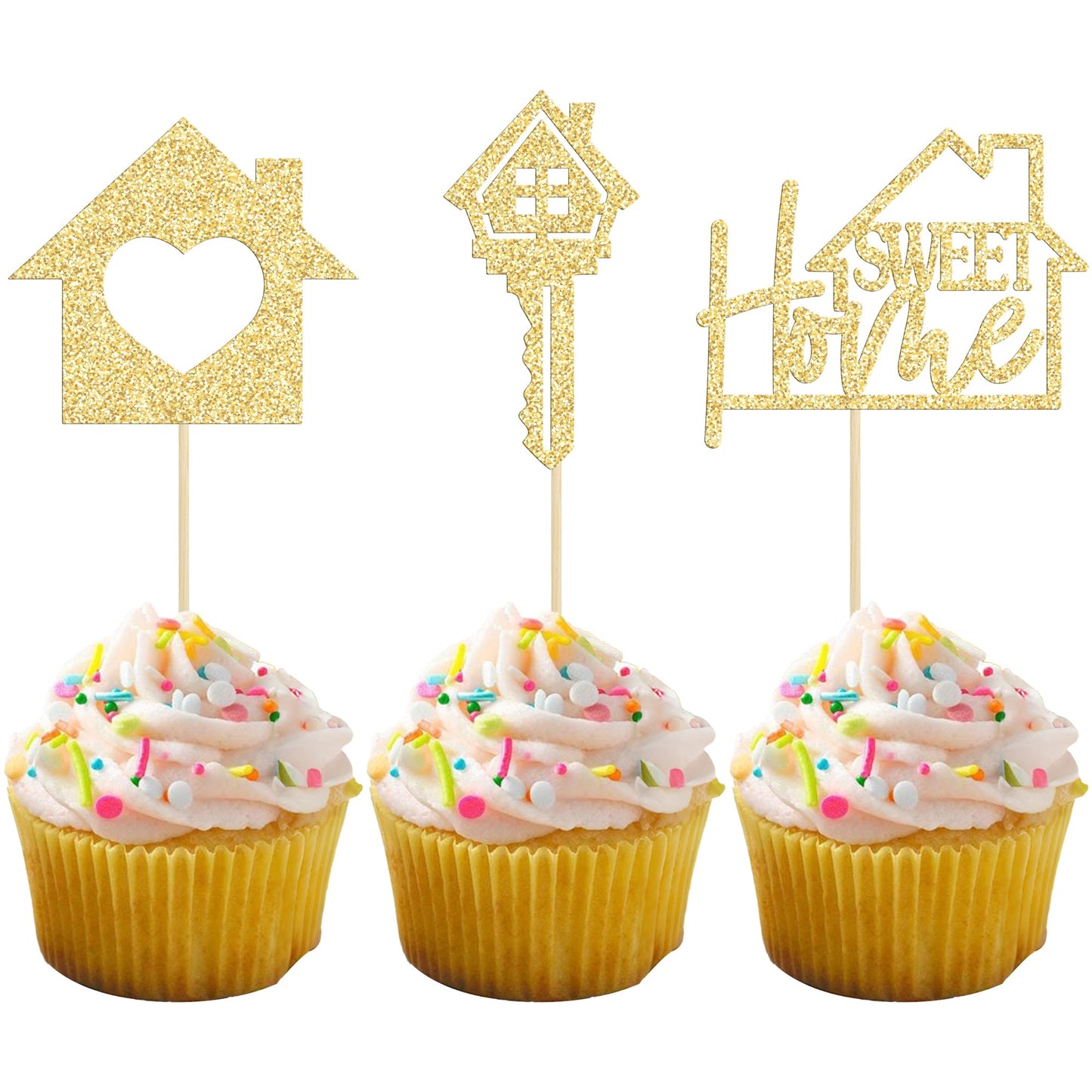 Gyufise 24Pcs Sweet Home Cupcake Toppers Gold Glitter Key Housewarming Cupcake Picks New Home Theme Party Cake Decorations Suppl