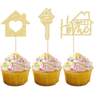 Gyufise 24Pcs Sweet Home Cupcake Toppers Gold Glitter Key Housewarming Cupcake Picks New Home Theme Party Cake Decorations Suppl
