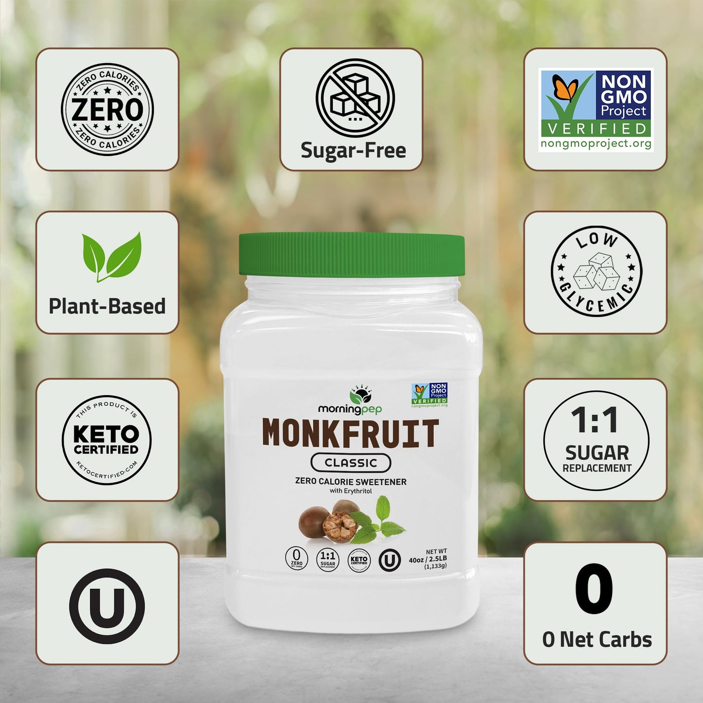 Morning Pep Monk Fruit Sweetener, 2.5 lb - Keto Friendly, Zero Calorie Sugar Substitute for Baking & Beverages, Non-GMO, OU Kosher