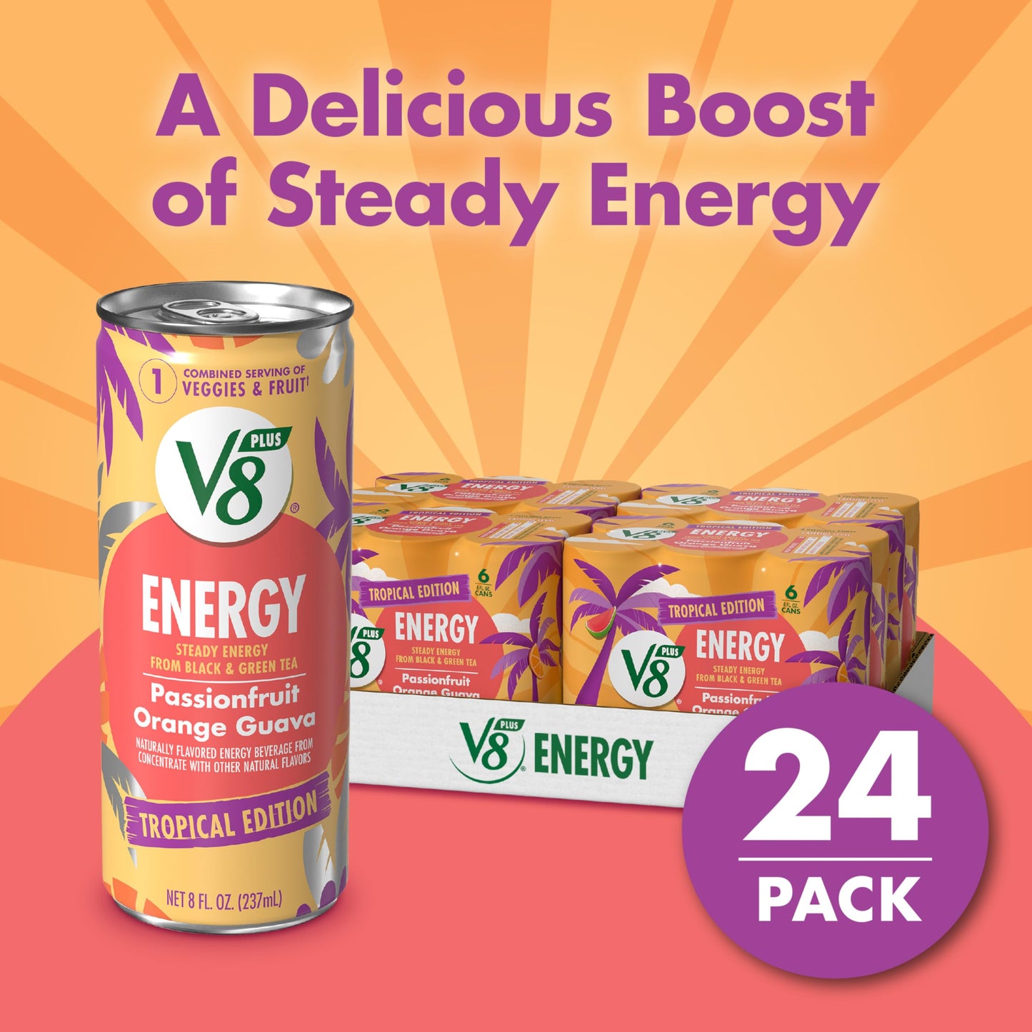 V8 Energy Drink, Passionfruit Orange Guava, 8 Fl Oz Can, Pack of 24
