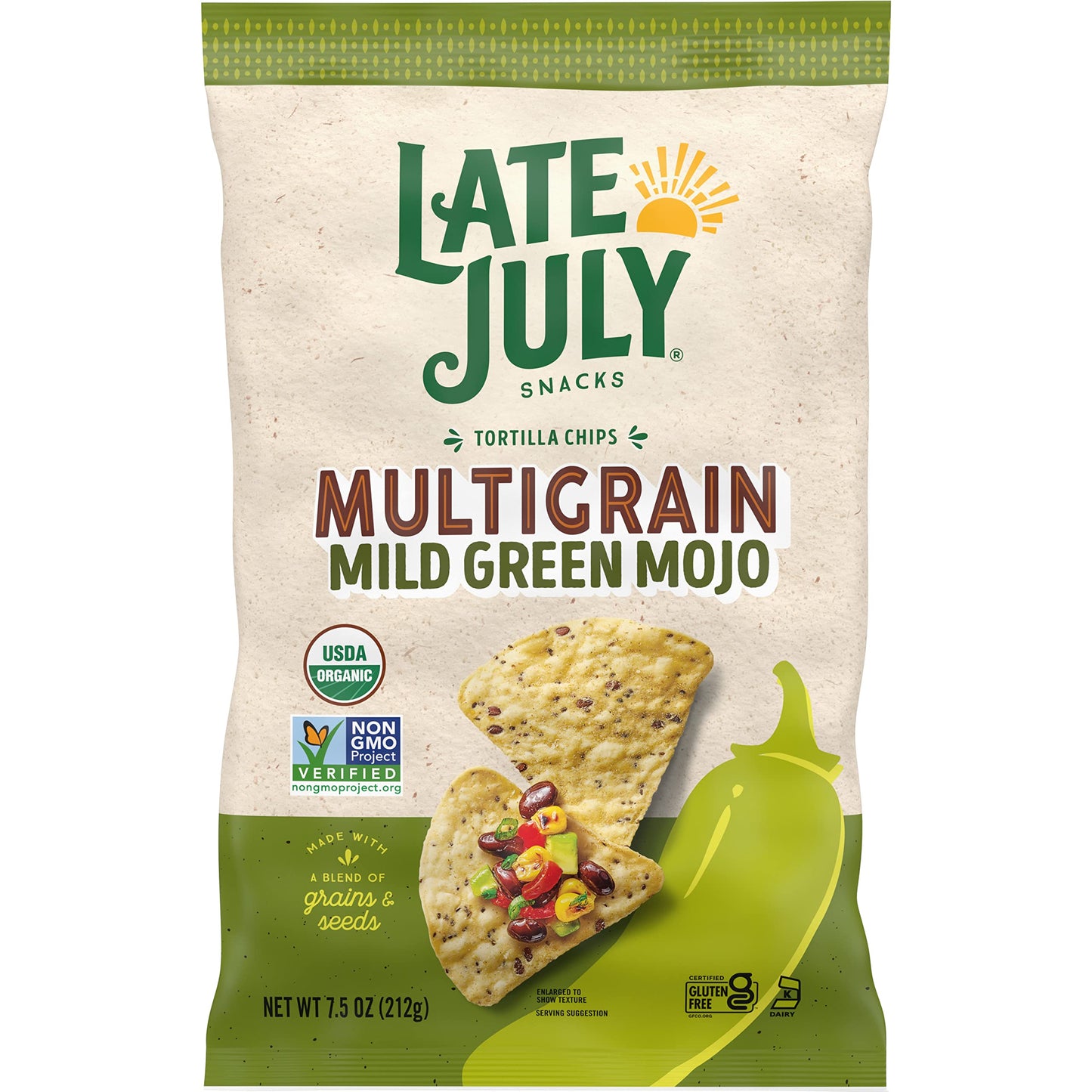 Late July Snacks, Organic Mild Green Mojo Tortilla Chips, 7.5-oz. Bag (Pack of 12)