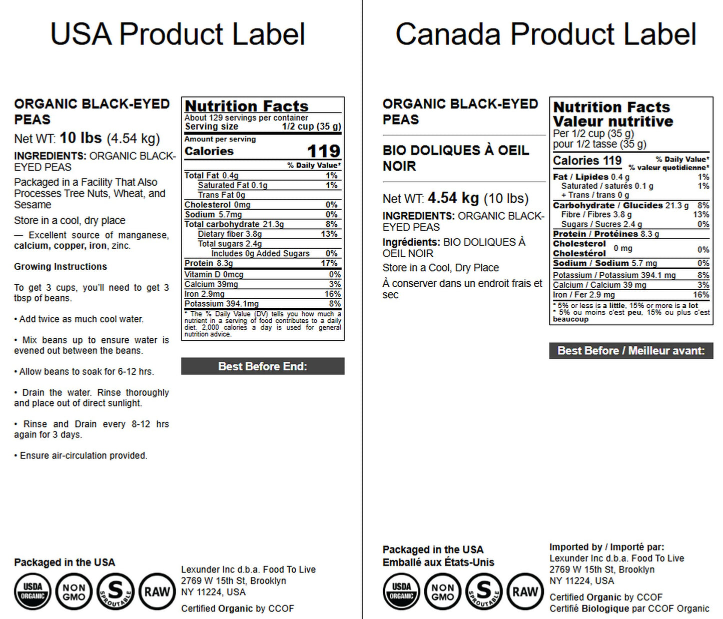 Food to Live Organic Black-Eyed Peas, 10 Pounds - Raw Dried Cow Peas, Non-GMO, Bulk Beans, Product of the USA