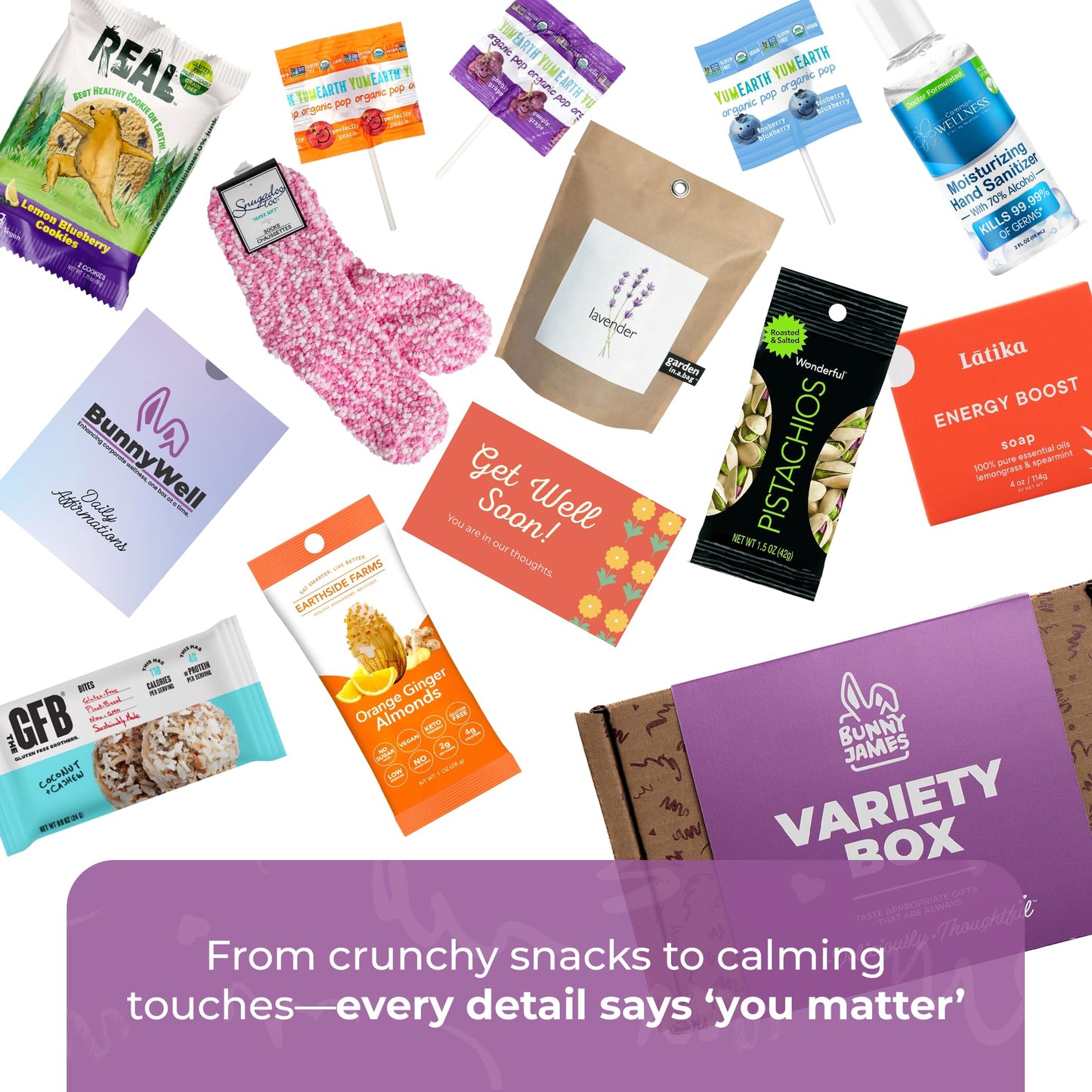 BUNNY · JAMES · Vegan Get Well Soon Care Package - 12-Piece Gift Box with Healthy Snacks & Cozy Socks