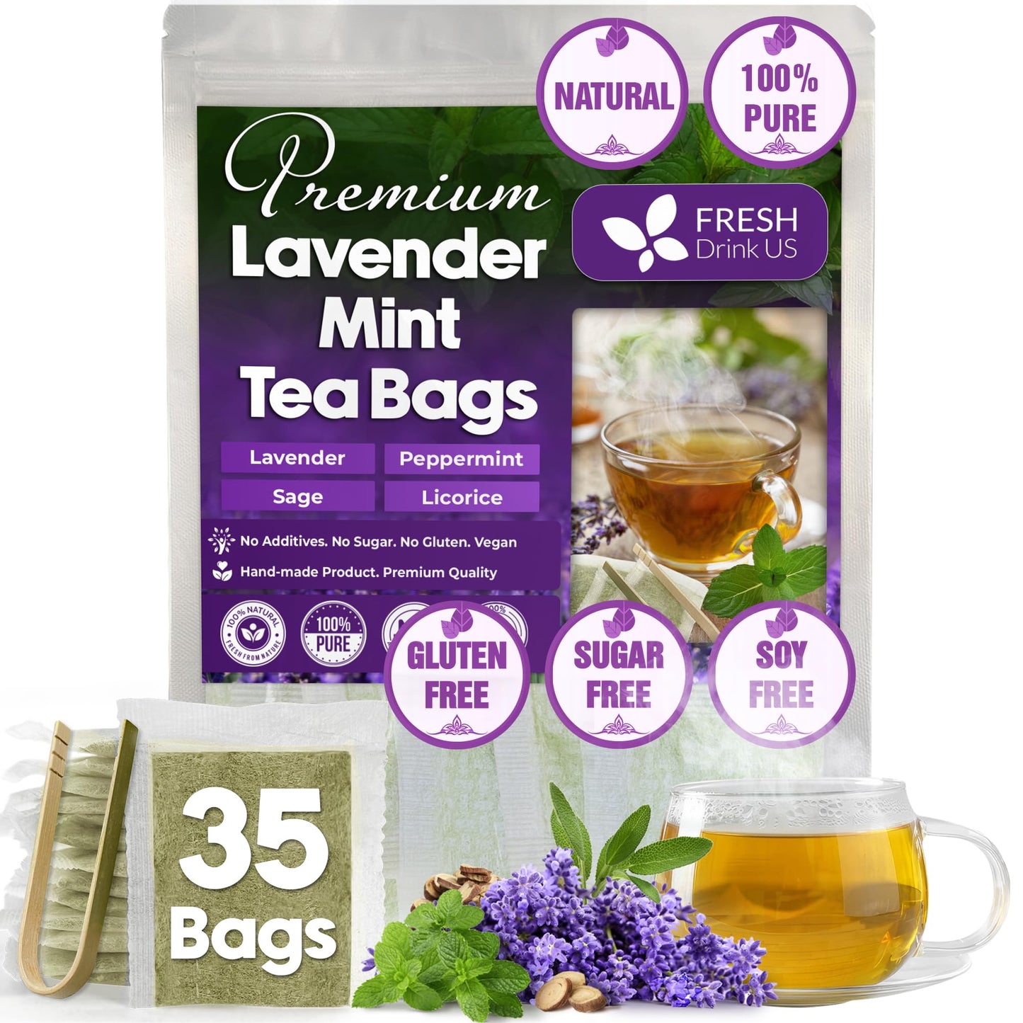 FRESHDRINKUS Lavender Mint Tea, 100% Natural, 35 Tea Bags, Vegan, No Sugar, No Caffeine
