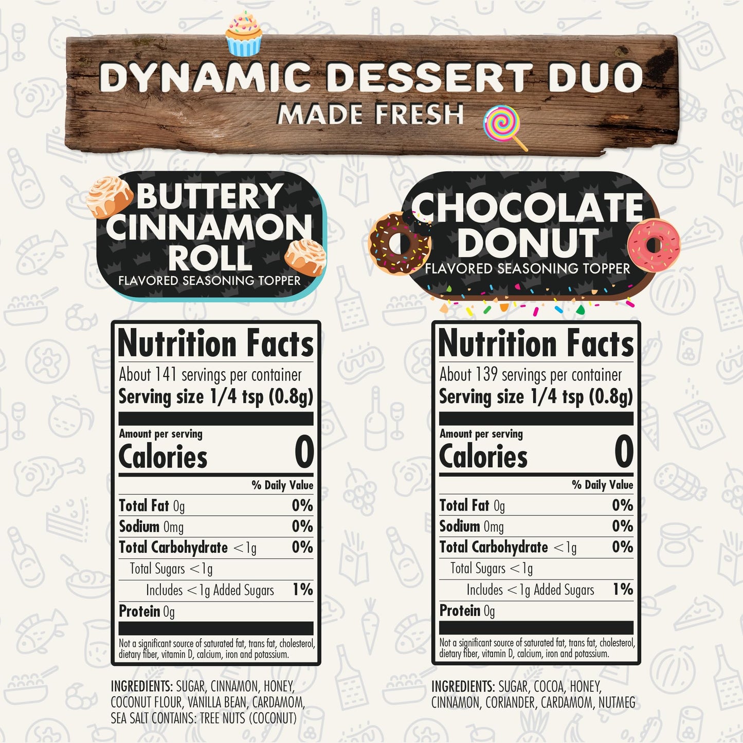 Flavor God Dynamic Dessert Duo Pack of 2 Seasoning Topper Gift Set, Buttery Cinnamon Roll & Chocolate Donut, Natural Healthy Ble