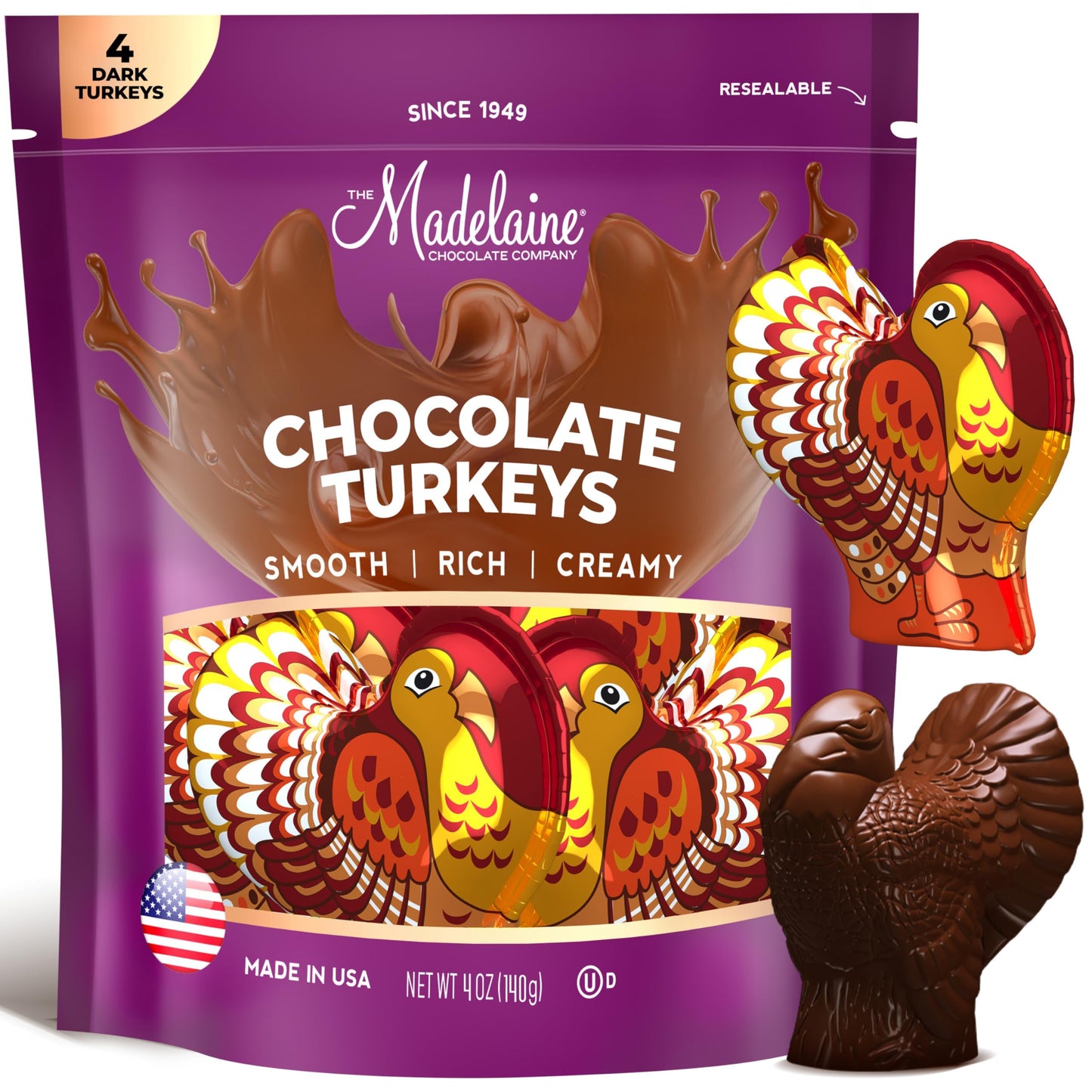 Madelaine Dark Chocolate Turkey Candy - 1 oz Foil-Wrapped Thanksgiving Chocolates - Rich Fall Holiday  & D?cor - 4 Pack Individually Wrapped Turkeys