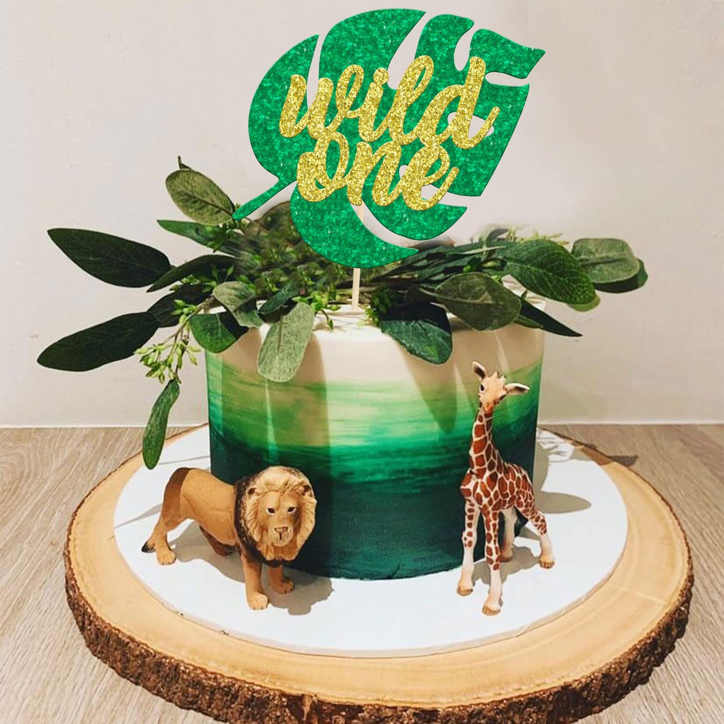 Gyufise 1Pc Glitter Wild One Cake Topper Jungle Safari Monstera Leaf One Cake Decoration For Kids First Birthday Baby Shower Par