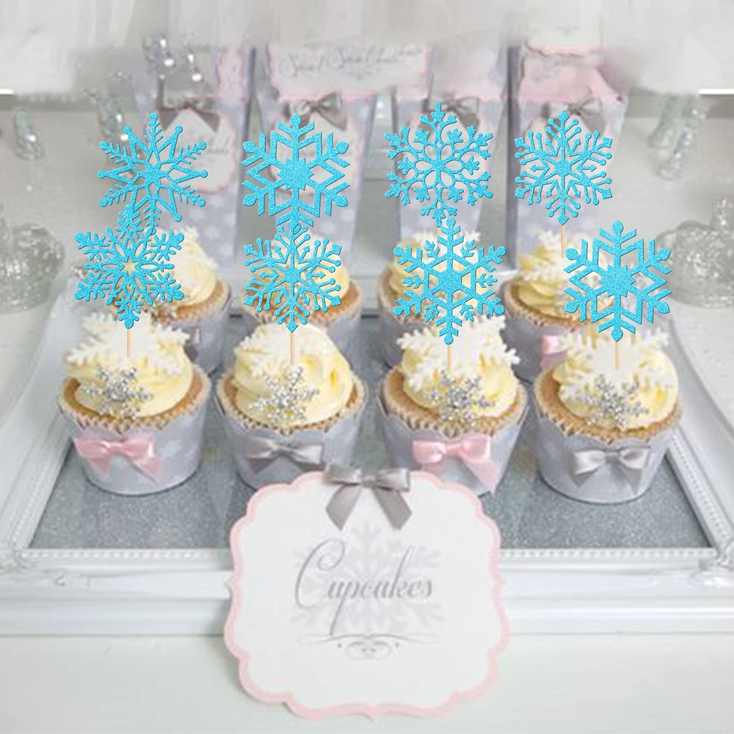 ZHUOWEISM Snowflake Cupcake Toppers, 36 PCS, Silver, Bamboo, Winter Theme Cake Decorations for Kids Birthday and Baby Shower