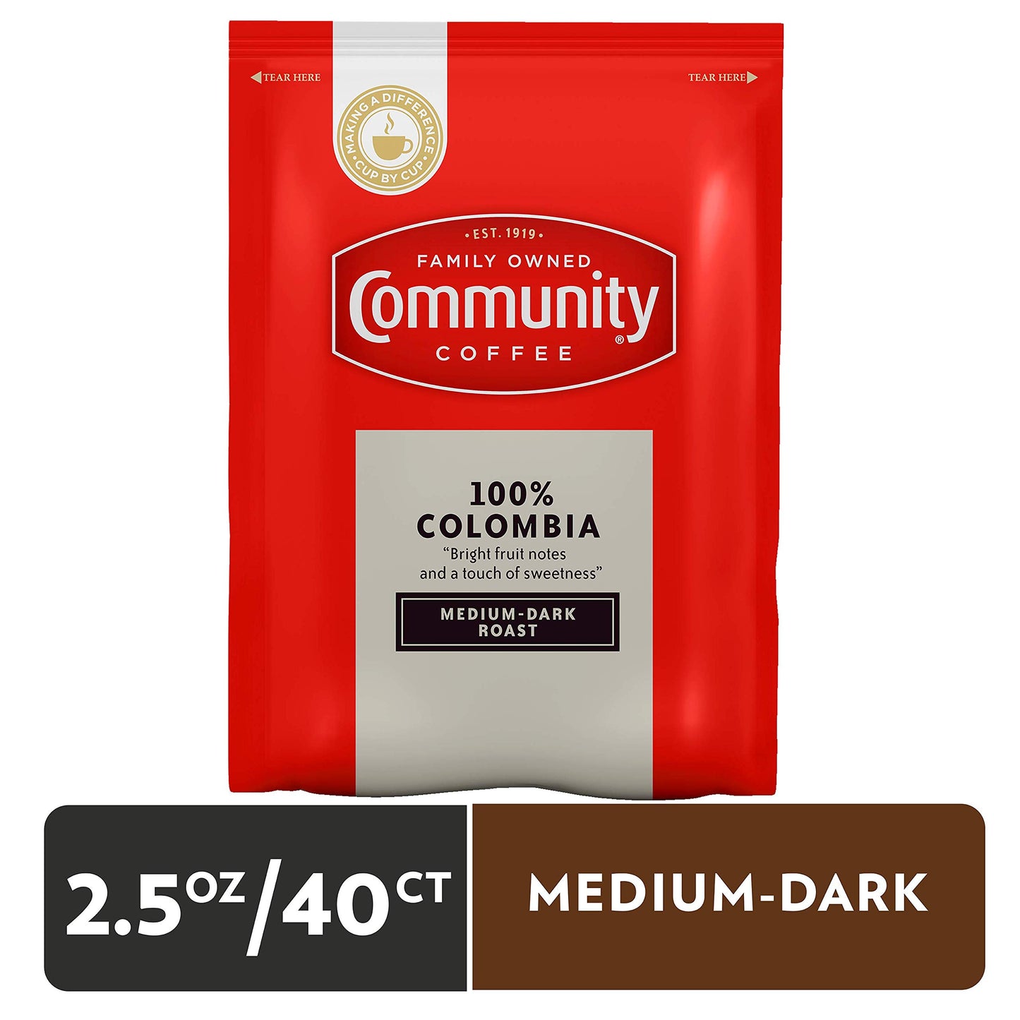 Community Coffee 100% Colombia Medium Dark Roast Coffee Packs, 2.5 Ounce (Box of 40)