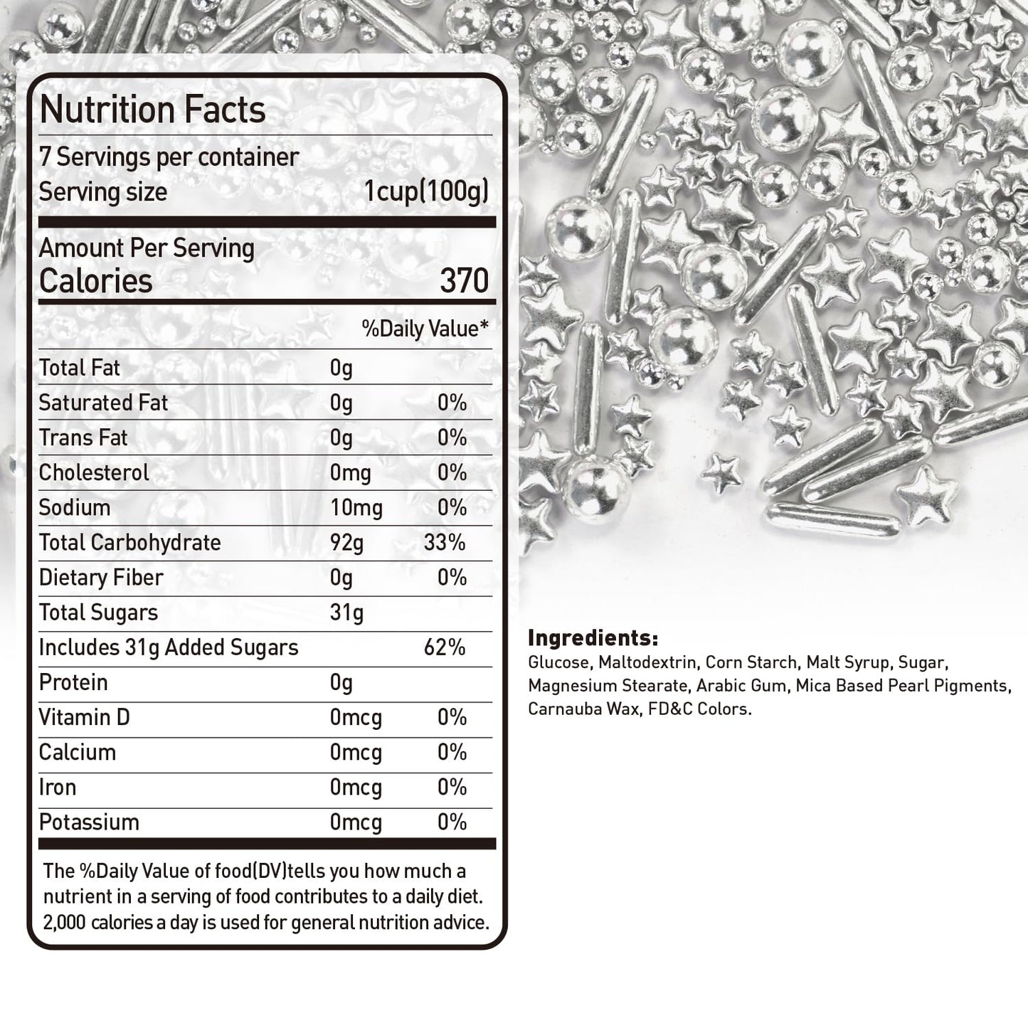Dazzjoy Edible Silver Star Pearl Sprinkles, Ball Sugar Candy, Edible Silver Pearls For Cake Sprinkles, 130G/4.58Oz, Cupcake & Co