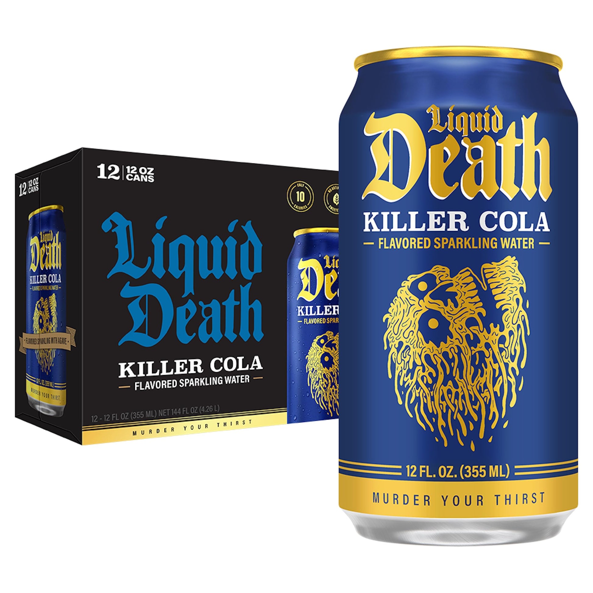 Liquid Death Killer Cola Sparkling Water, 12-Pack of 12oz Cans, Low Sugar, No Artificial Sweeteners
