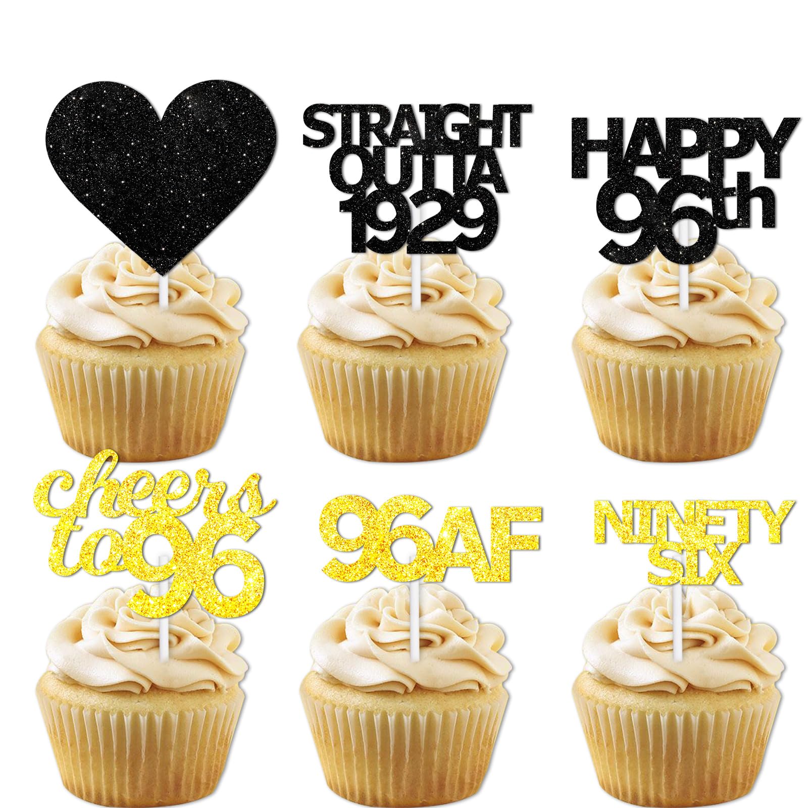 18pcs Black Gold Glitter Dessert Cupcake Pick for Straight Outta 1929 Cheer to 96 Years Old Theme Decor Supplies Happy 96th Birt