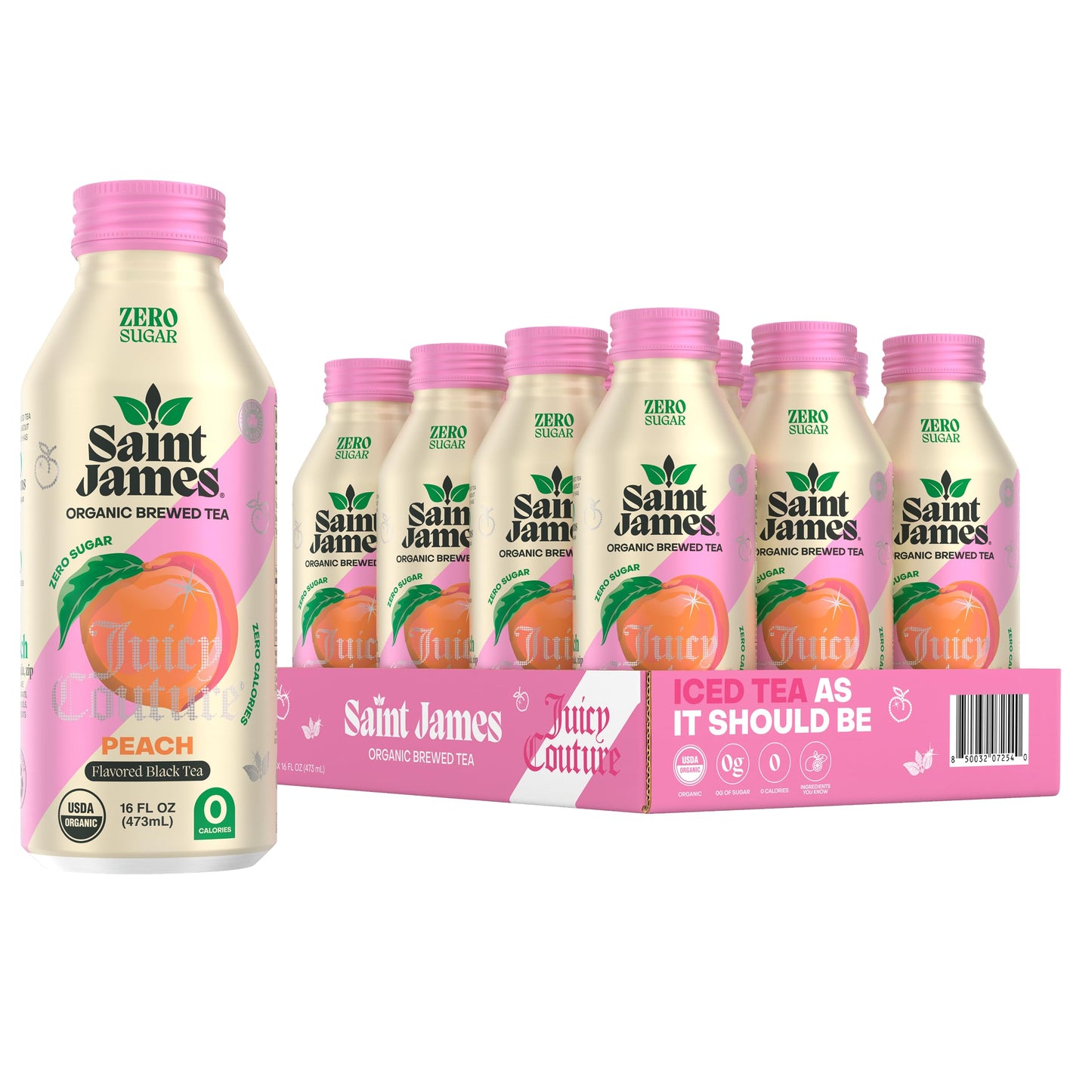 Saint James Iced Tea x Juicy Couture Limited Edition - Organic Black Tea - Non-GMO  Gluten Free  Zero Calorie  Zero Sugar - Juicy Peach  12 Pack (16 fl oz each)