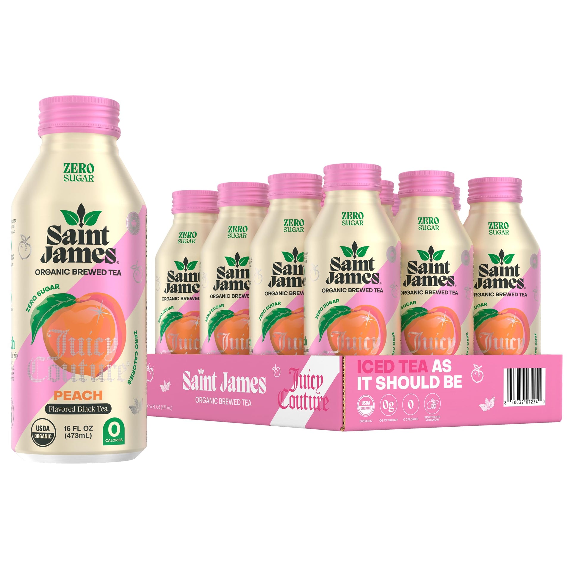 Saint James Iced Tea x Juicy Couture Limited Edition - Organic Black Tea - Non-GMO  Gluten Free  Zero Calorie  Zero Sugar - Juicy Peach  12 Pack (16 fl oz each)
