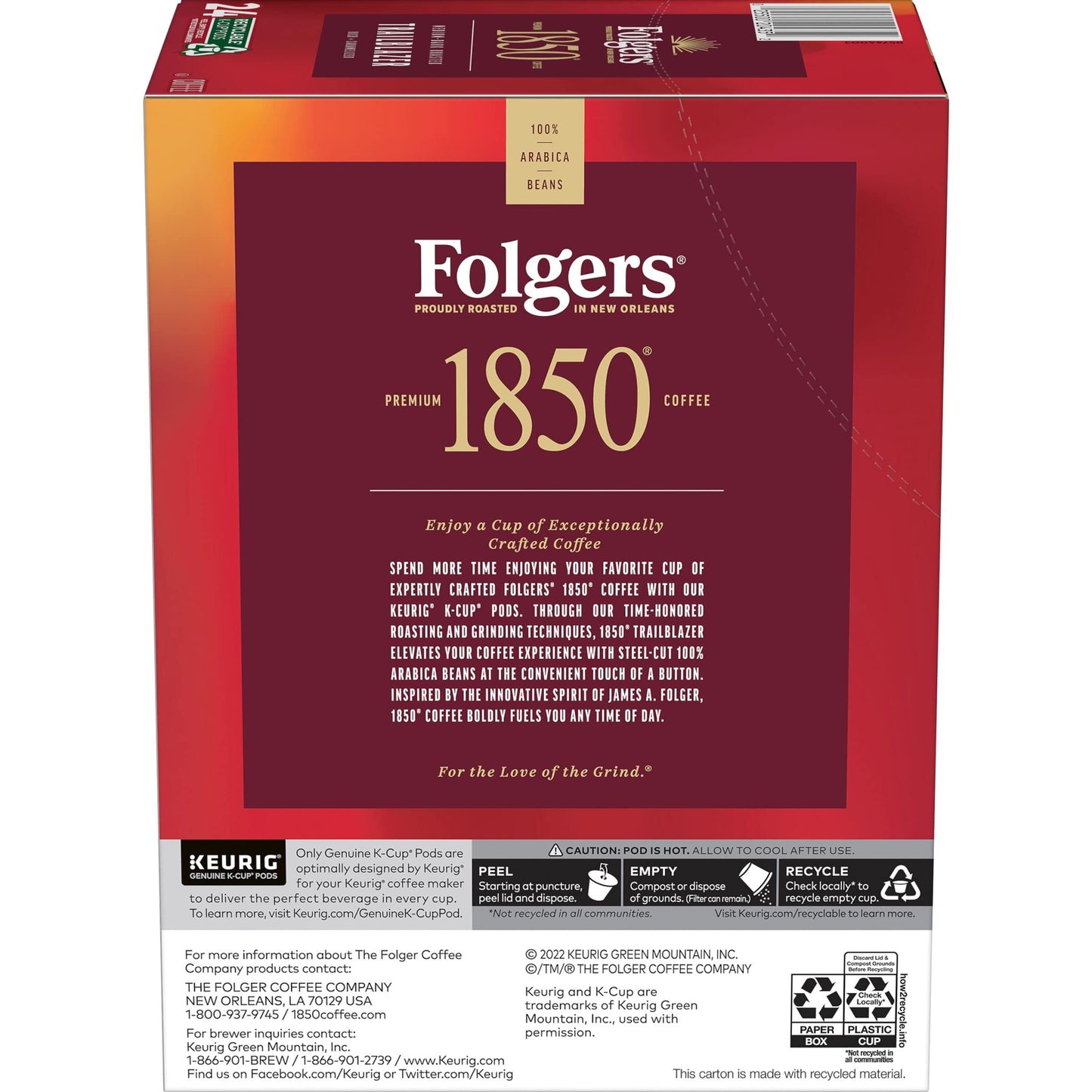 1850 By Folgers Trailblazer Medium Dark Roast Coffee, 96 Keurig K-Cup Pods