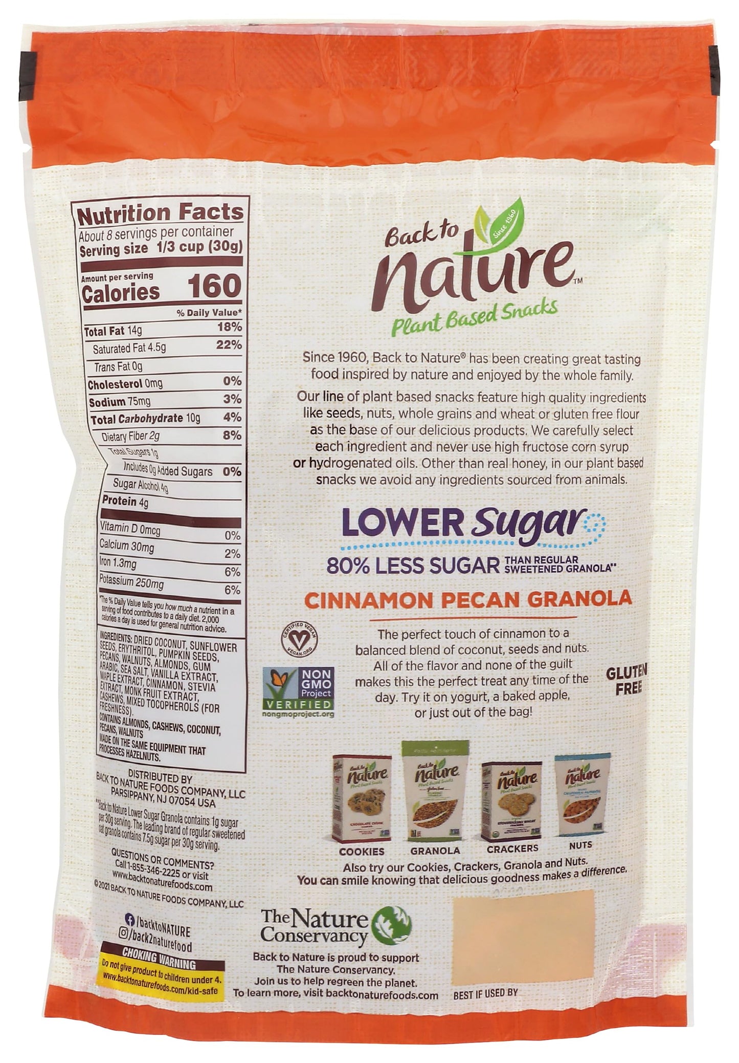 Back To Nature Lower Sugar Granola Non-Gmo Cinnamon Pecan 8 Ounce