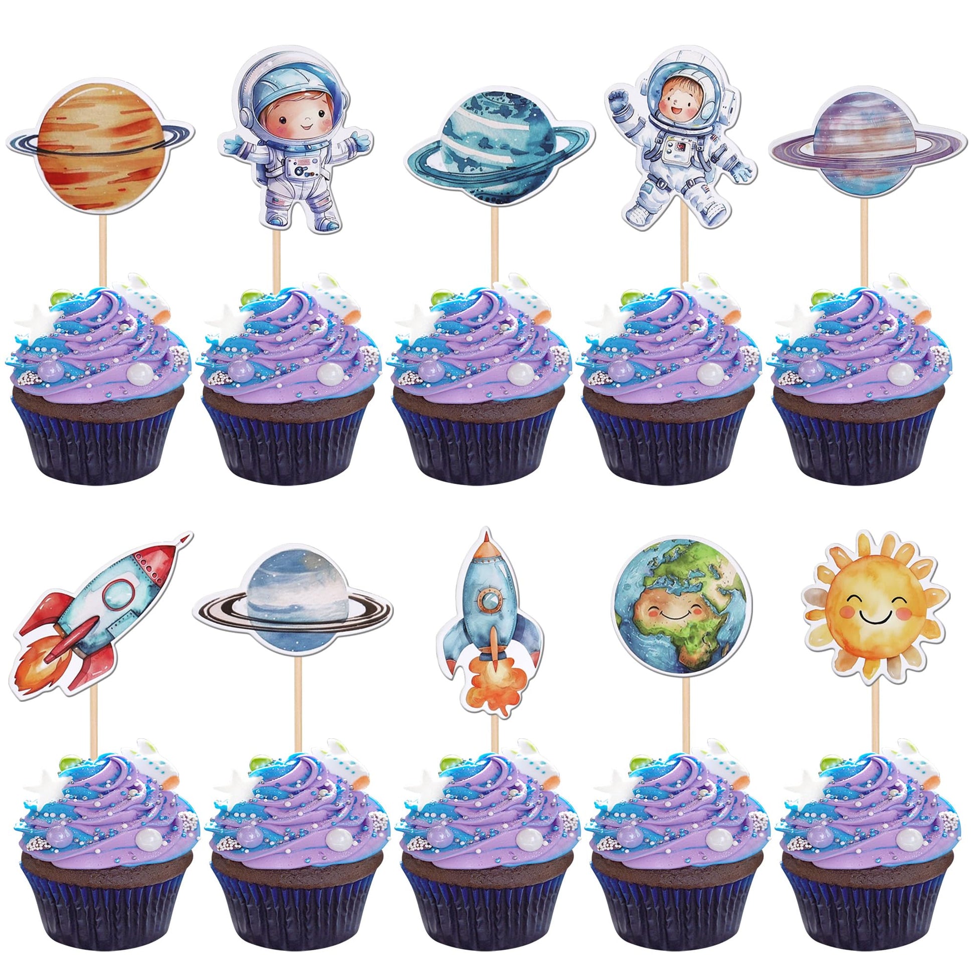 40 PCS Space Astronaut Cupcake Toppers Sun Planet Rocket Spaceship Trip to the Moon Cupcake Food Picks for Universe Outer Space 