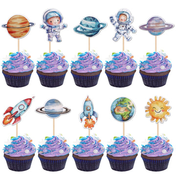 40 PCS Space Astronaut Cupcake Toppers Sun Planet Rocket Spaceship Trip to the Moon Cupcake Food Picks for Universe Outer Space 