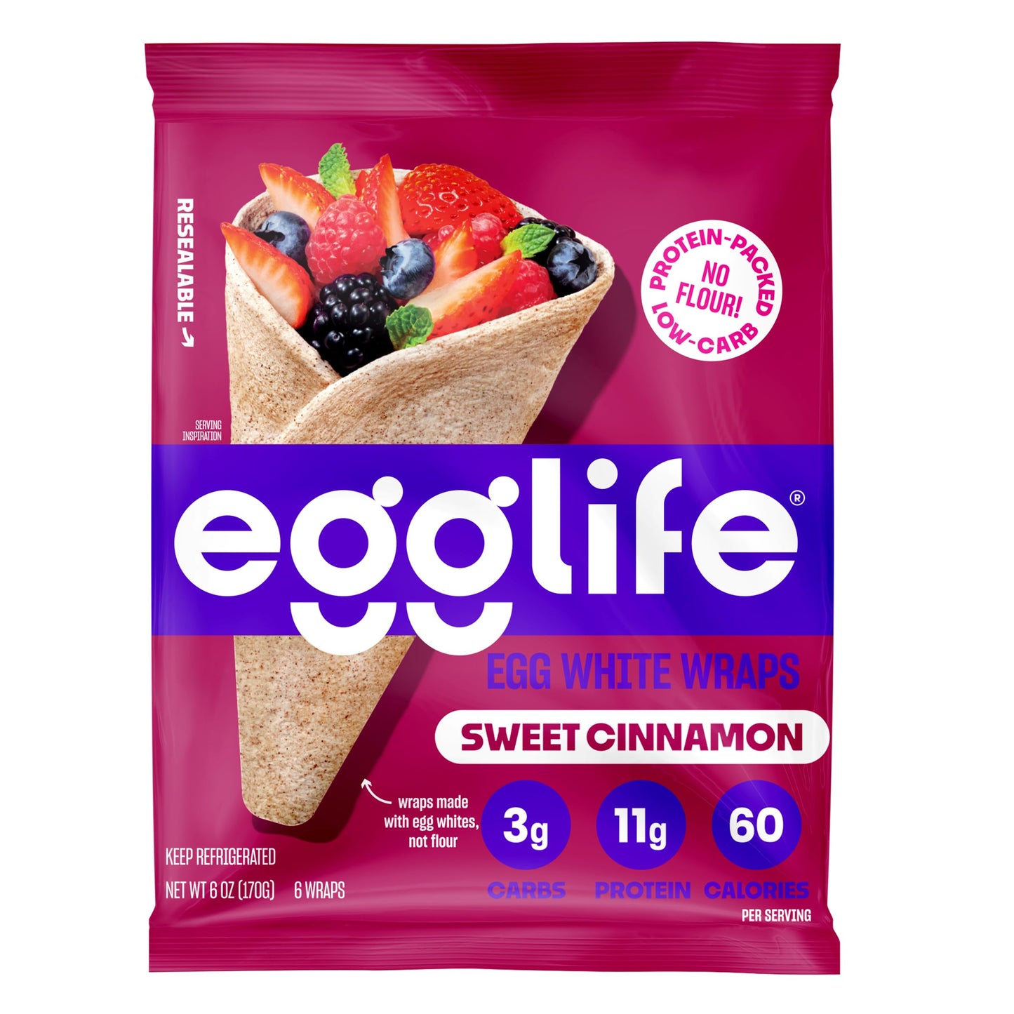 Egglife Sweet Cinnamon Egg White Wrap - (6 Count) - Refrigerated, Flourless, Gluten Free Wraps - Low Carb Tortilla Alternative