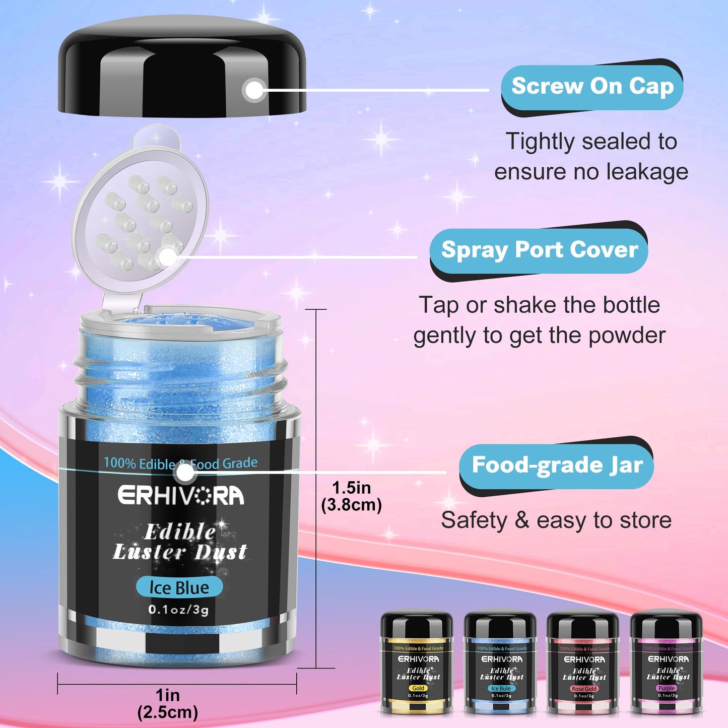 ERHIVORA Edible Glitter for Cakes & Drinks, 3g, 4 Colors: Rose Gold, Gold, Blue, Purple