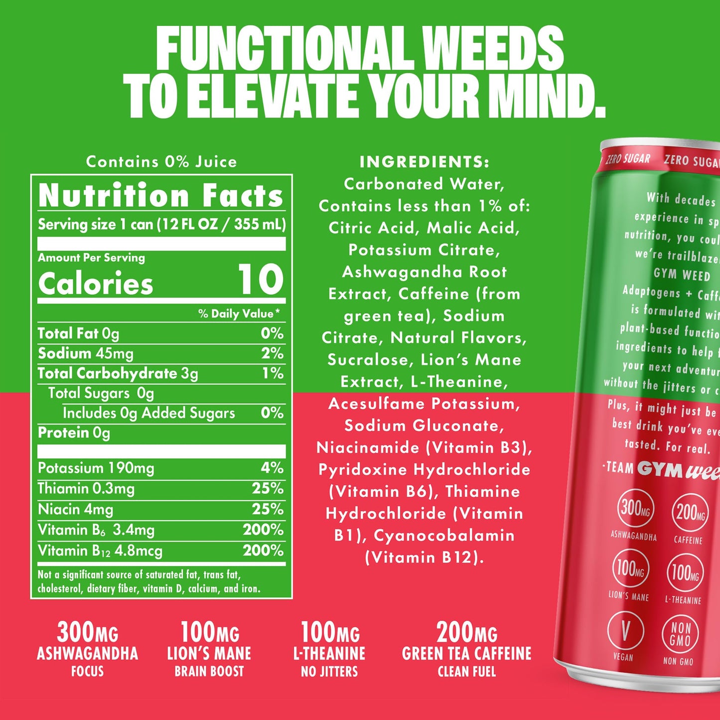 GYM   Athletic Focus Drink with KSM-66 Ashwagandha & Lions Mane, Watermelon Flavor, 12 Pack, 200mg Green Tea Caffeine