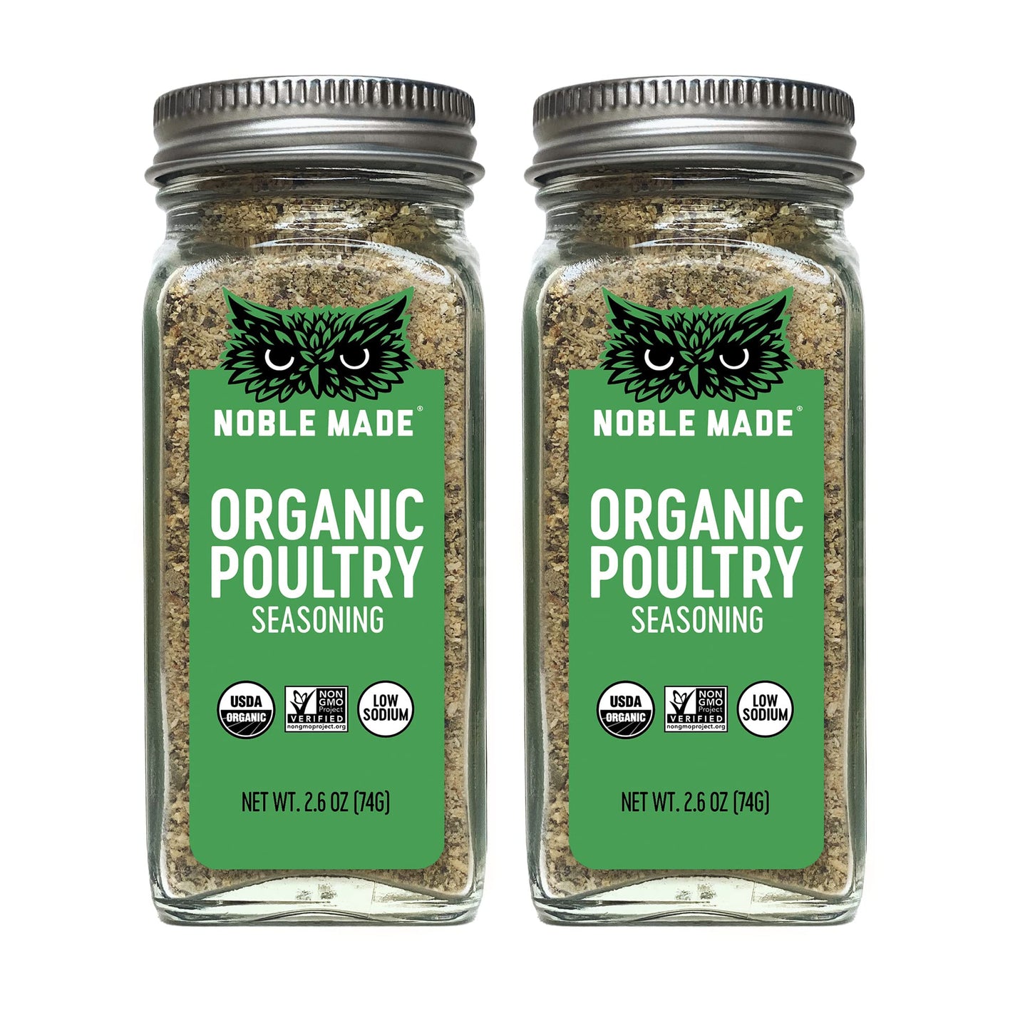 Noble Made Classic Organic Poultry Seasoning, Keto Friendly, Gluten Free, Sugar Free, Usda Organic, Whole 30, Low Sodium, Great For Grilling, Savory Rub, Chicken, Turkey, 2 Ct Bundle, Glass Shakers