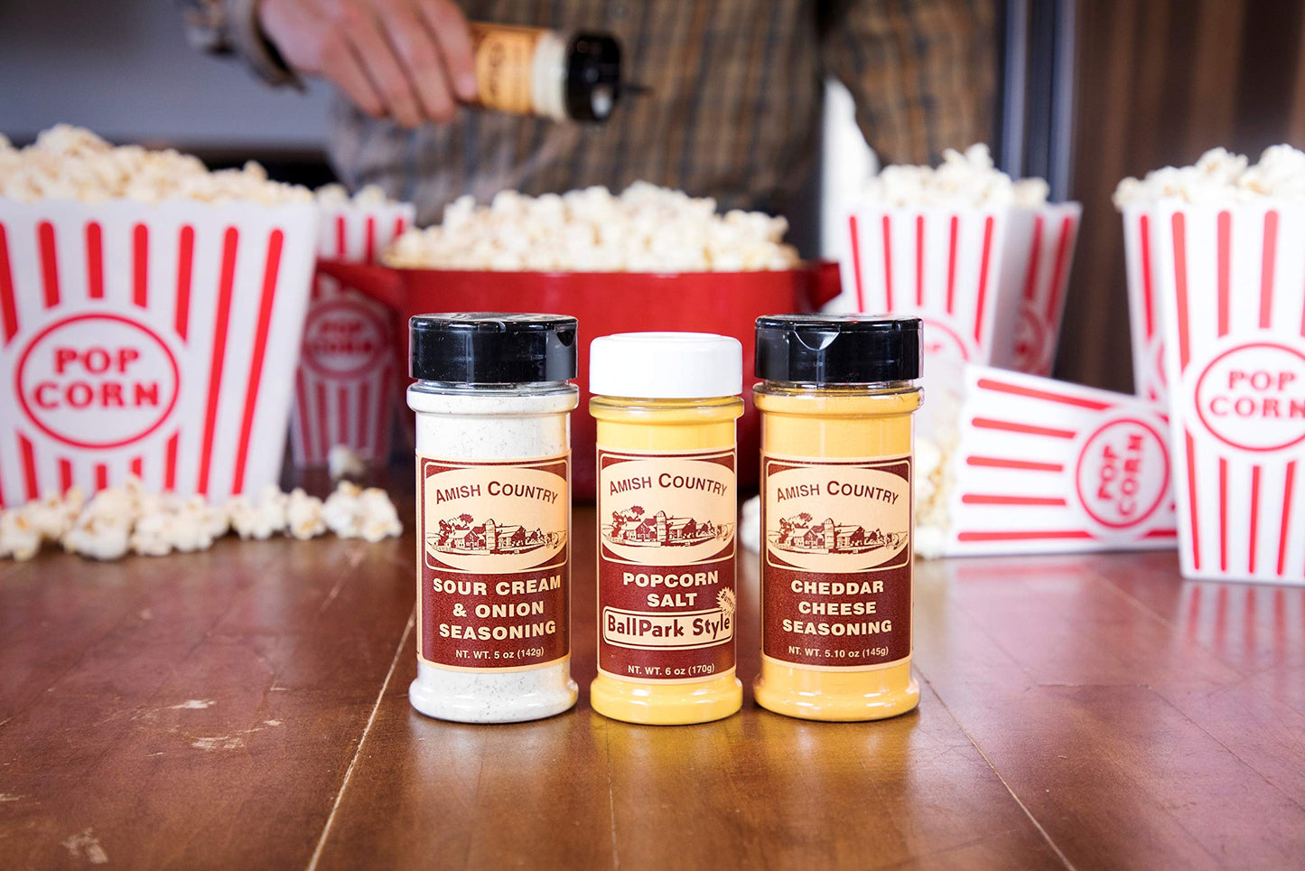Amish Country Popcorn | Seasoning Variety Pack | 6 oz BallPark Style ButterSalt - 5.1 oz Cheddar Cheese & 5 oz Sour Cream and On