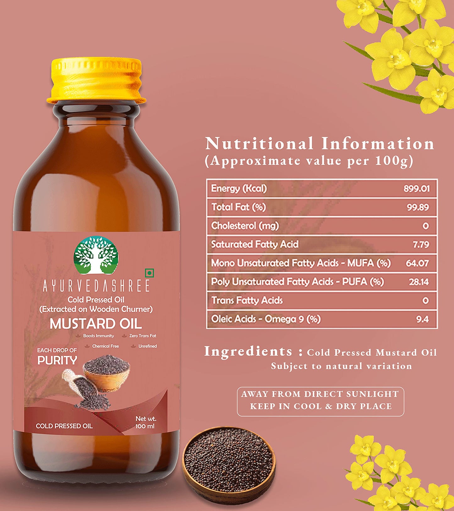 Ayurvedashree Mustard Oil 3.38 Fl Oz.. Cold Pressed Oil, Extracted On Wooden Churner With Traditional Method To Sustain Maximum