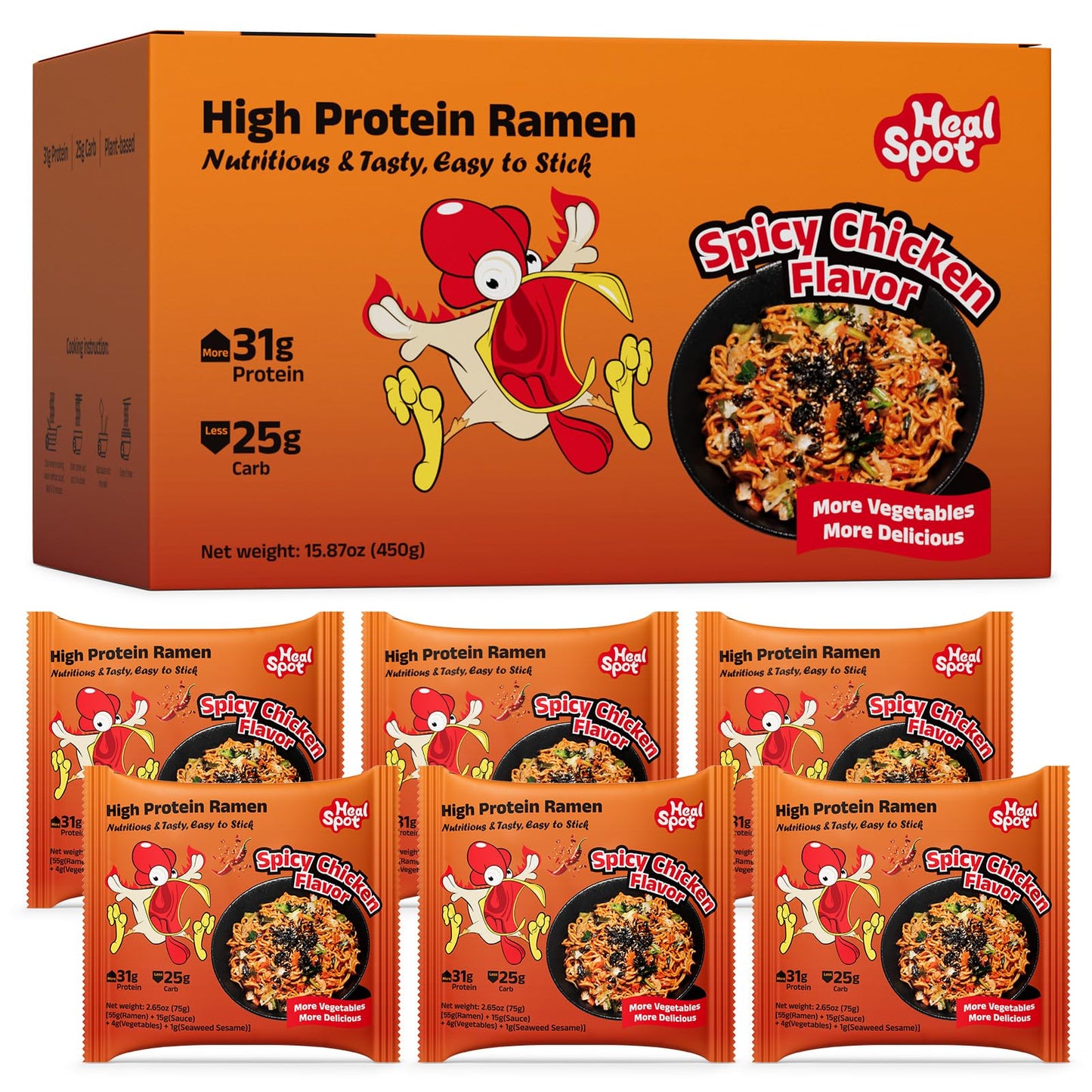 HealSpot High Protein Spicy Fire Chicken Noodles, Dry Tossed Ramen, 31g Plant-Based Protein, Low Fat, Low Carb, Non GMO, Keto Fr