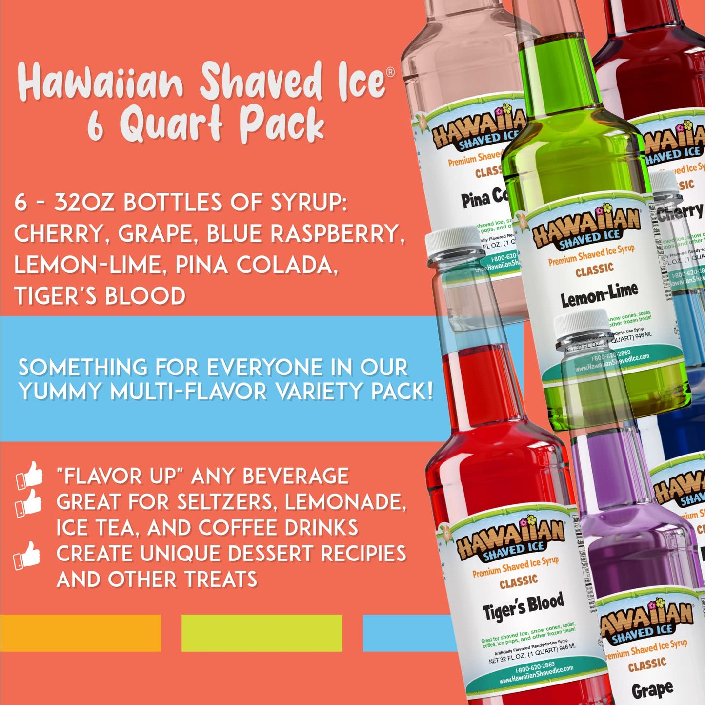 Hawaiian Shaved Ice Syrup 6 Pack - 32 Fl Oz Quarts, Multicolor