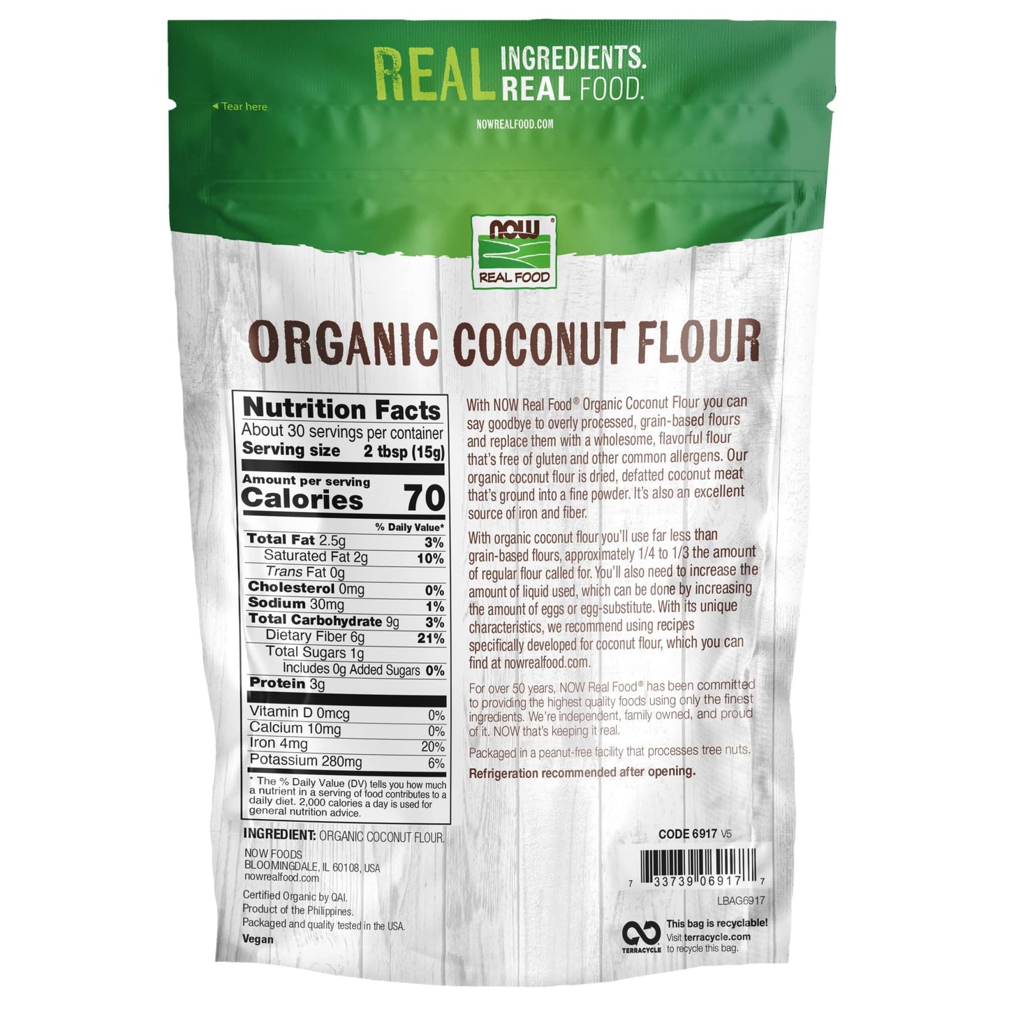 Now Foods, Organic Coconut Flour, Unsweetened, Excelent Source Of Fiber, No Added Sulfites, Certified Non-Gmo, 16-Ounce (Packagi