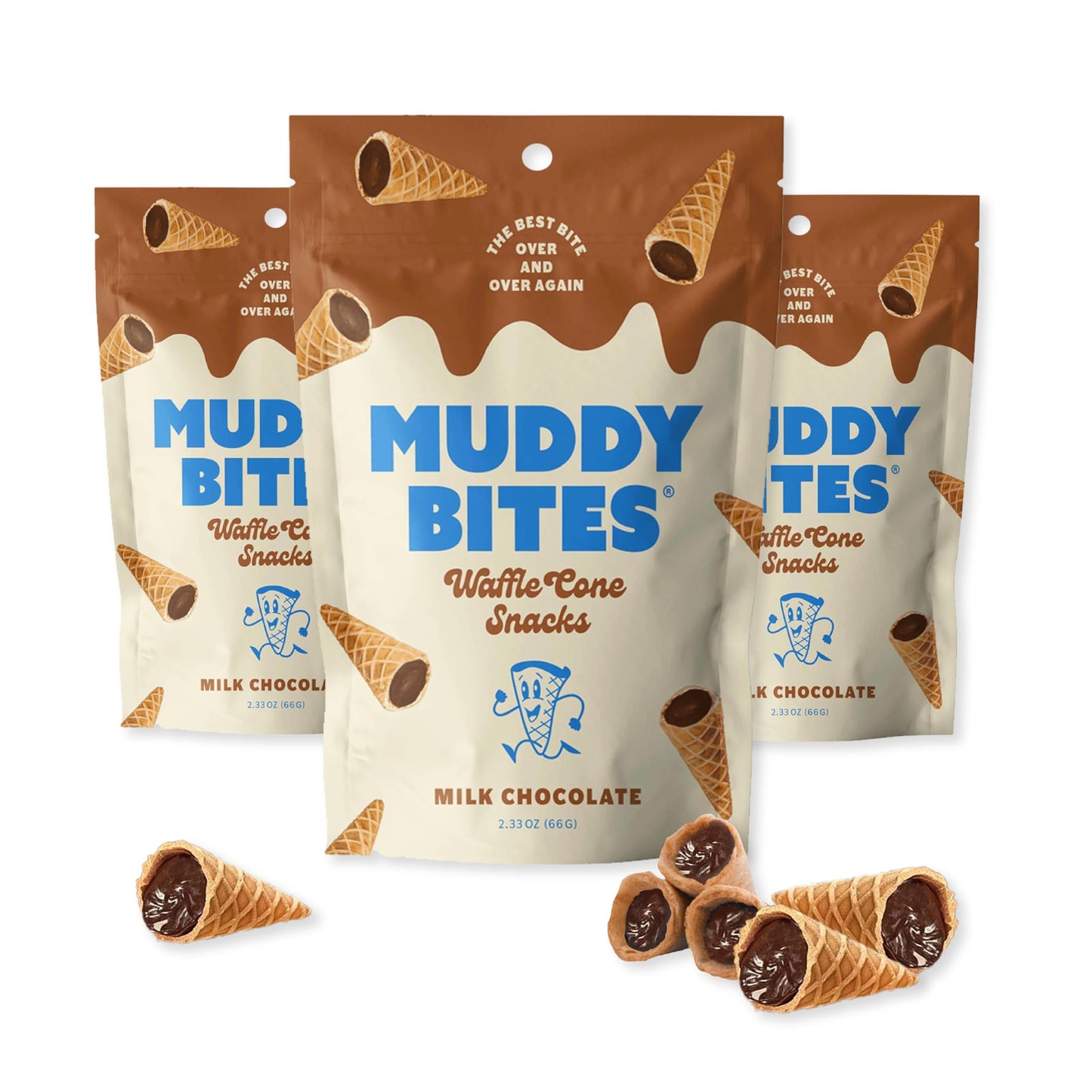 P&V Milk Chocolate Waffle Cone Snacks - 2.33oz Pouch (Pack of 3) | Crunchy Waffle Cone Bites Coated in Smooth Milk Chocolate | P