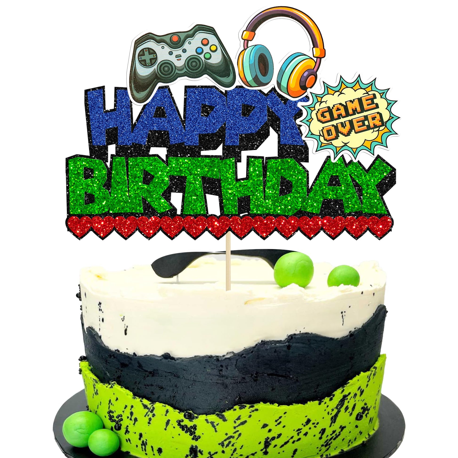 Ephlyn 1Pcs Video Game Happy Birthday Cake Topper Glitter Video Game Cake Pick Game On Controllers Gamepad Cake Decoration For G