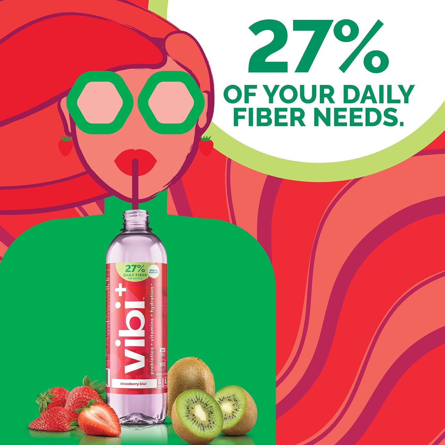 Vibi+ Strawberry Kiwi Prebiotic Water - Digestive Health Support - Sugar Free High Fiber Flavored Drink - Keto, Vegan, Healthy,