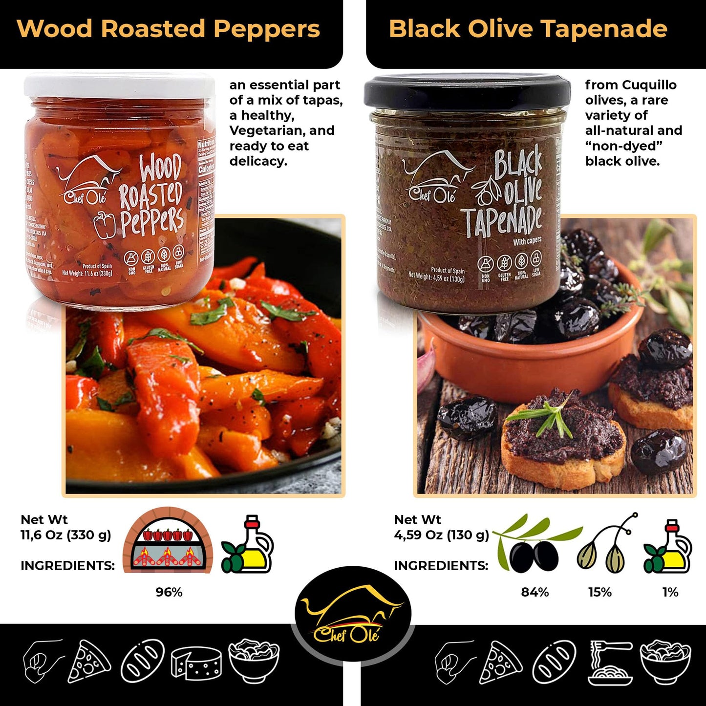 Chef Ole'S Party Set Of 5 Healthy Tapenades/Dips - Includes Hummus Type, Olive Tapenade, Black Olives, Green Olives, Asparagus,