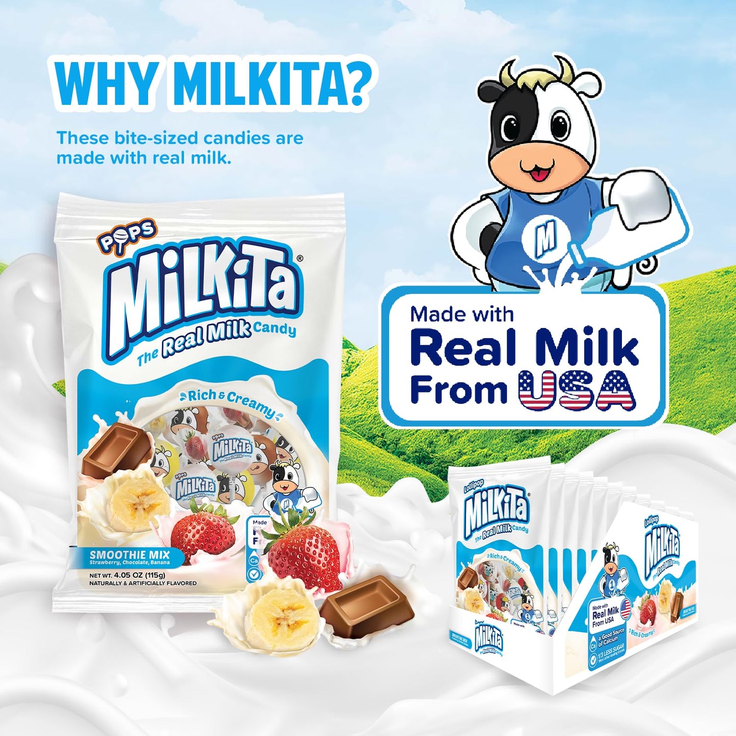 Milkita The Real Milk Lollipop Bag, Gluten Free Chewy Candies With Calcium & Real Milk, Zero Trans Fat, Low-Sugar, Smoothie Flavors (Strawberry, Chocolate, Banana), 10 Pcs
