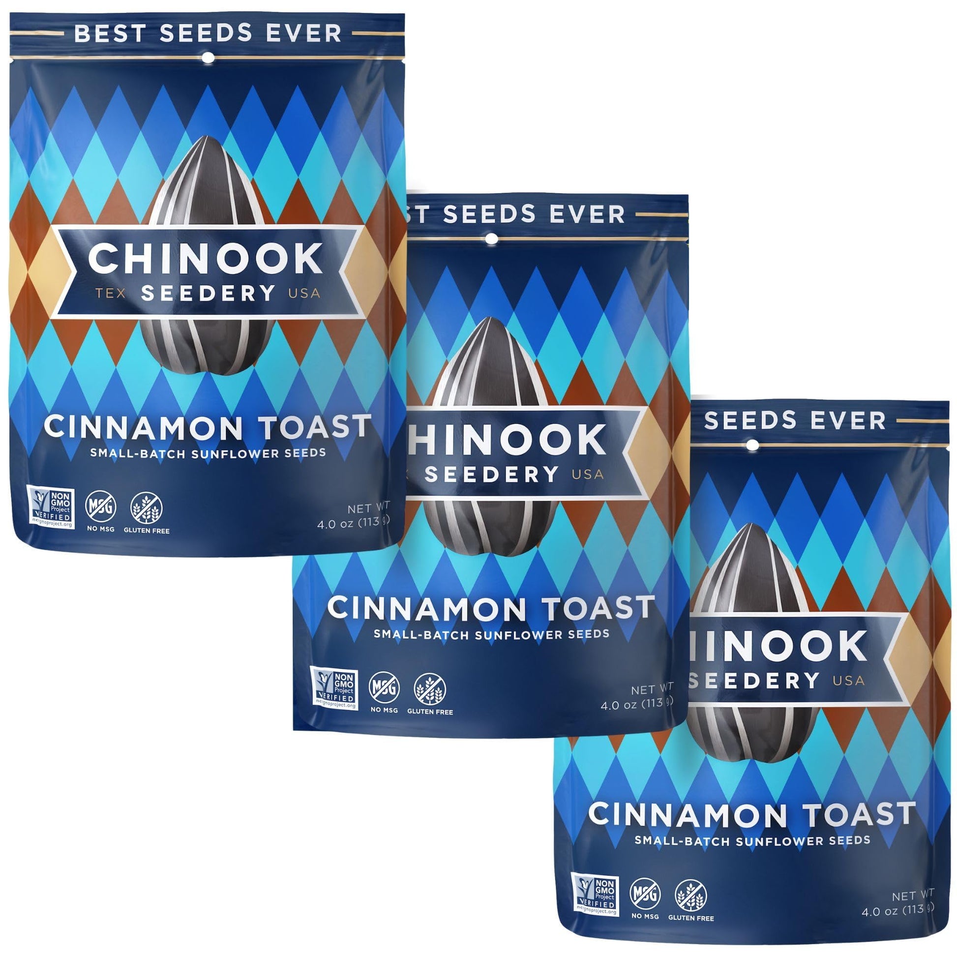 Chinook Seedery Roasted Jumbo Sunflower Seeds - Keto Snacks - Gluten Free, Non GMO - 4 oz (Pack of 3) - Cinnamon Toast Flavor