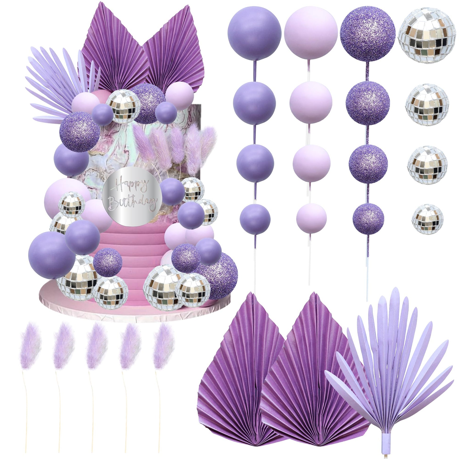 Ephlyn 33 Pack Balls Cake Toppers Boho Palm Leaves Cake Decorations Round Acrylic Happy Birthday Cupcake Toppers For Birthday Wedding Baby Shower Party Supplies Purple