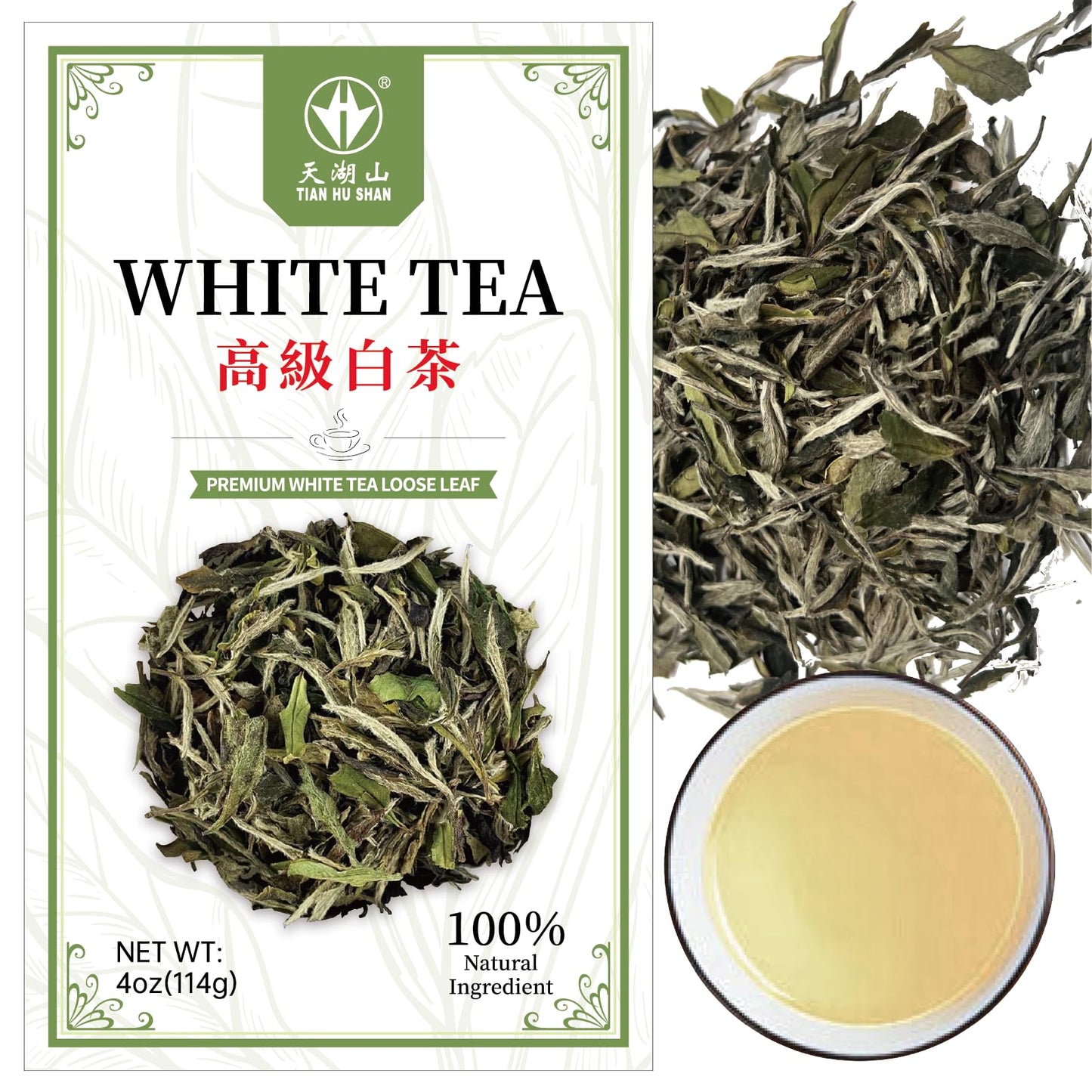 Tian Hu Shan Enhanced White Tea Loose Leaf, Original Bai Mu Dan With A Light & Fresh Delicate Flavor, Low Caffeine, Hot & Cold Brew 4 Ounce (Pack Of 1)