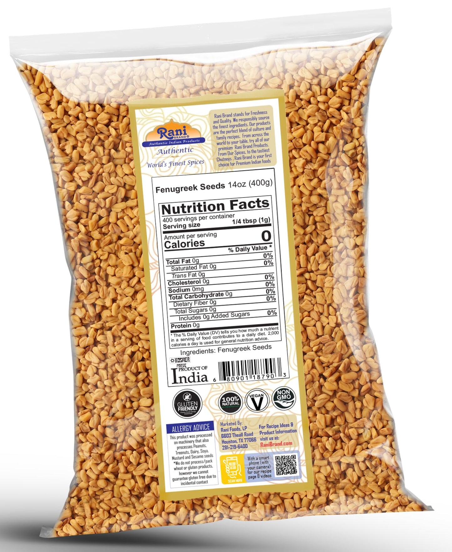 Rani Fenugreek (Methi) Seeds Whole 14oz (400g) Trigonella foenum graecum ~ All Natural | Vegan | Gluten Friendly | Non-GMO | Kos