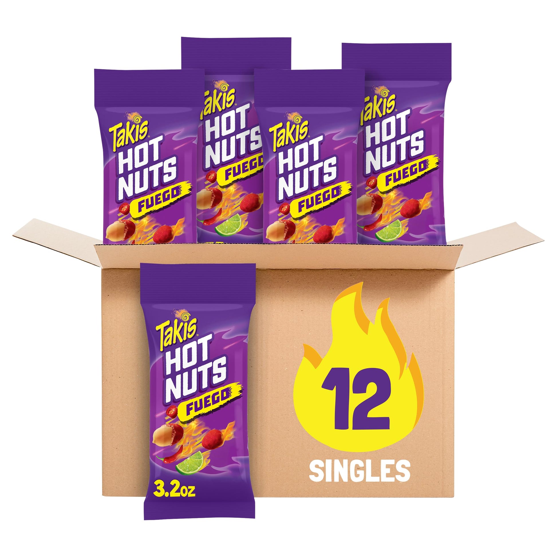 Takis Fuego Hot Nuts, Spicy Double-Crunch Peanuts, Chili Pepper & Lime, 12 Count Snack Size Box