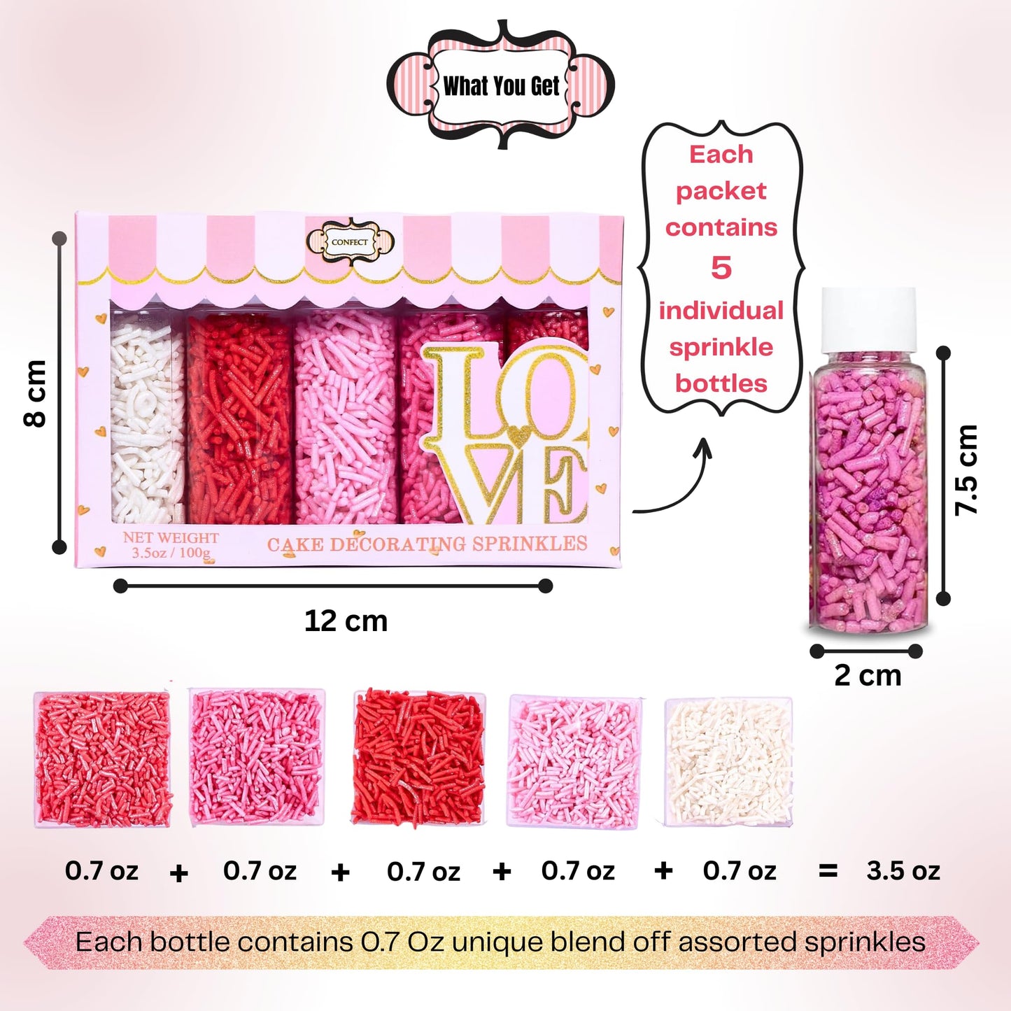 Confect Pink, Red, Blush Pink & White Jimmies Sprinkles Mix - Edible Baking Decorations For Cakes, Cupcakes, Cookies - Celebrati