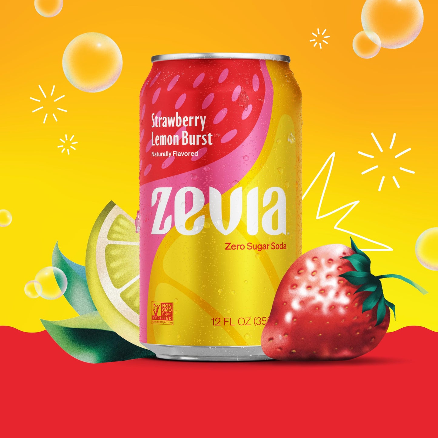 Zevia Zero Sugar Soda, Strawberry Lemon Burst, 12 Oz Cans (24-Pack) - Naturally Sweetened, Zero Calorie Sugar Free Soda - Non-Gm