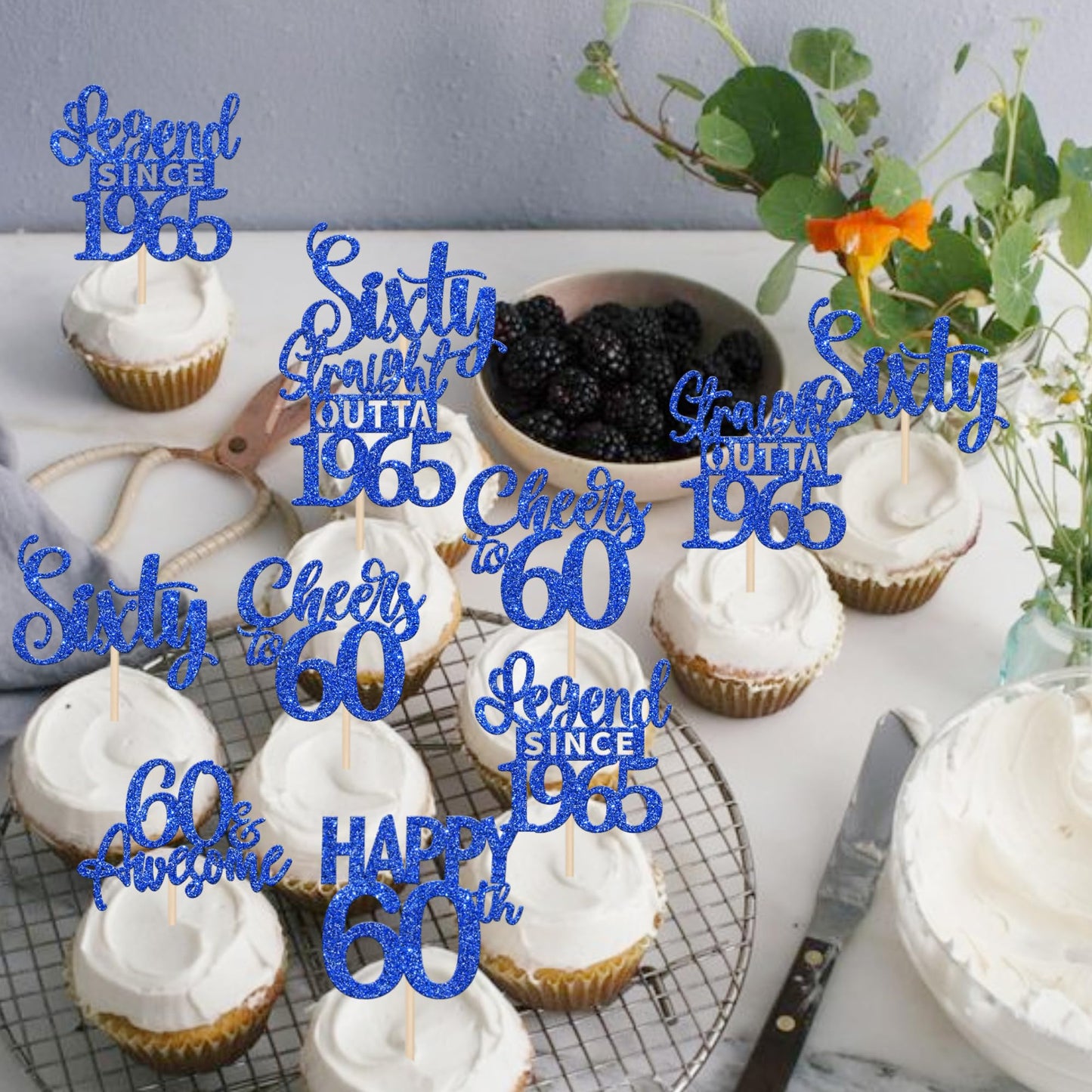 ZHUOWEISM 24PCS Cupcake Toppers, Blue Paper Decorations for 60th Birthday Party, Cheers to 1965