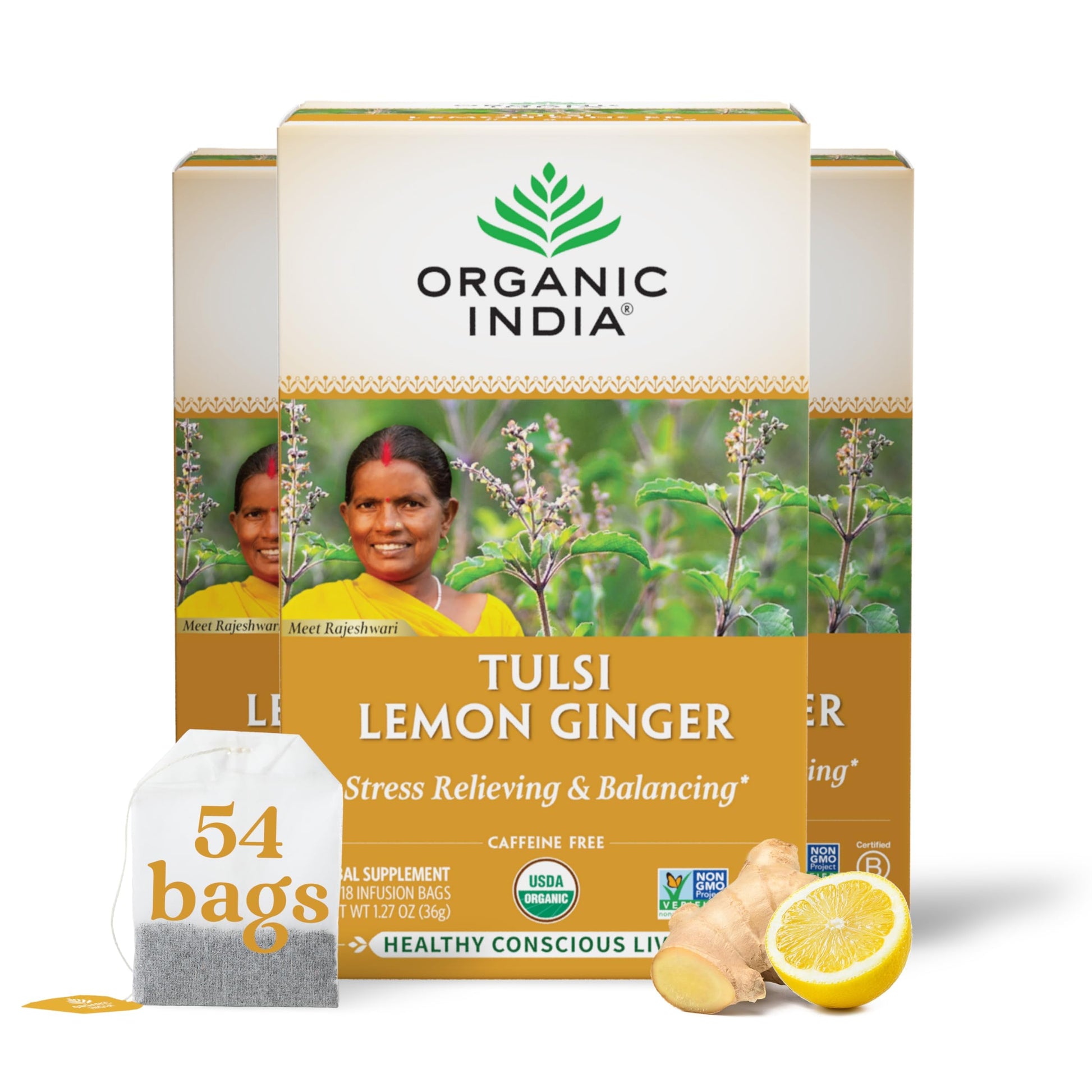 ORGANIC INDIA Tulsi Lemon Ginger Herbal Tea - Vegan, Caffeine-Free, 18 Count (Pack of 3) - Natural