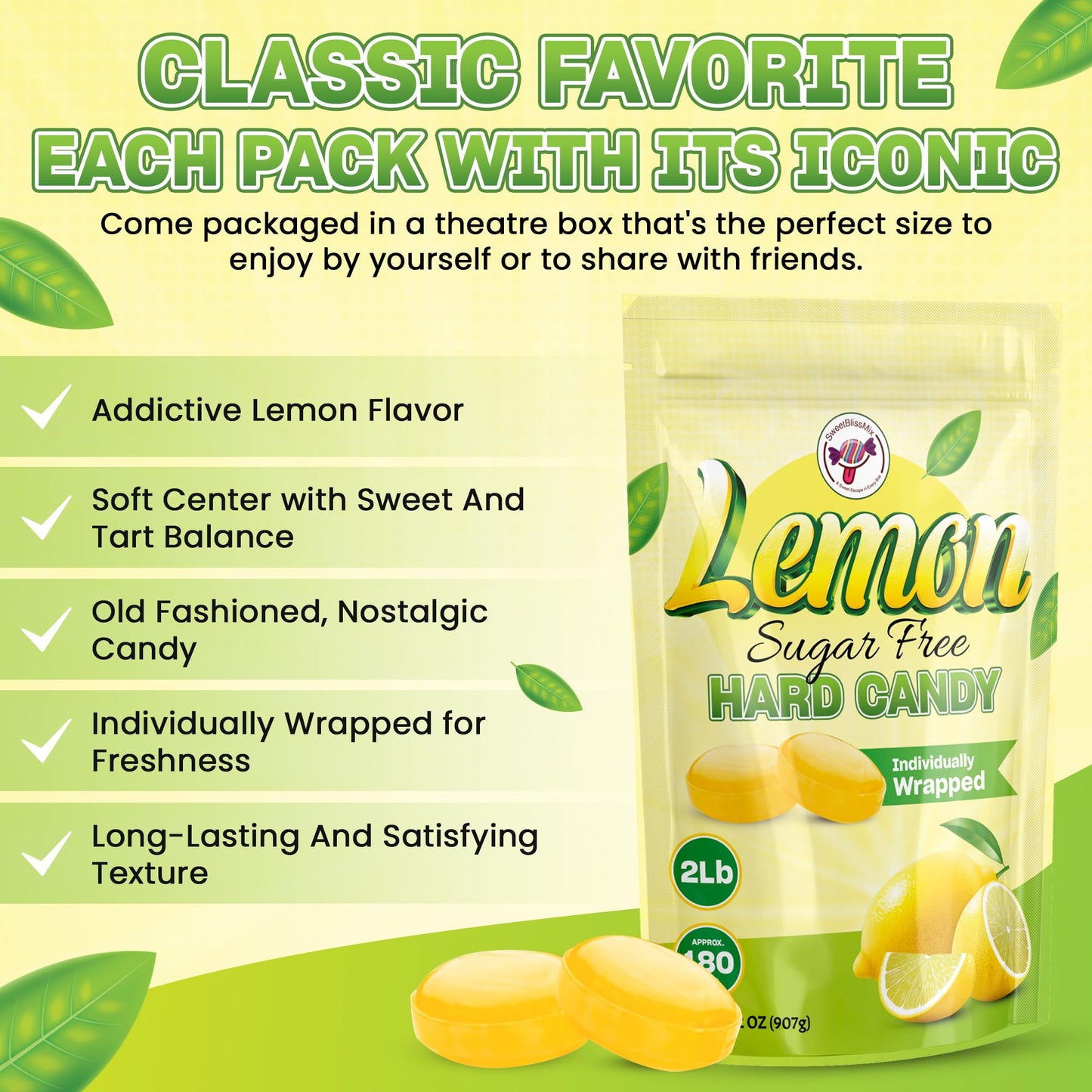 SweetBlissMix Sugar-Free Lemon Drops - Keto-Friendly, Diabetic Safe, 2lb Bulk Citrus Hard Candy