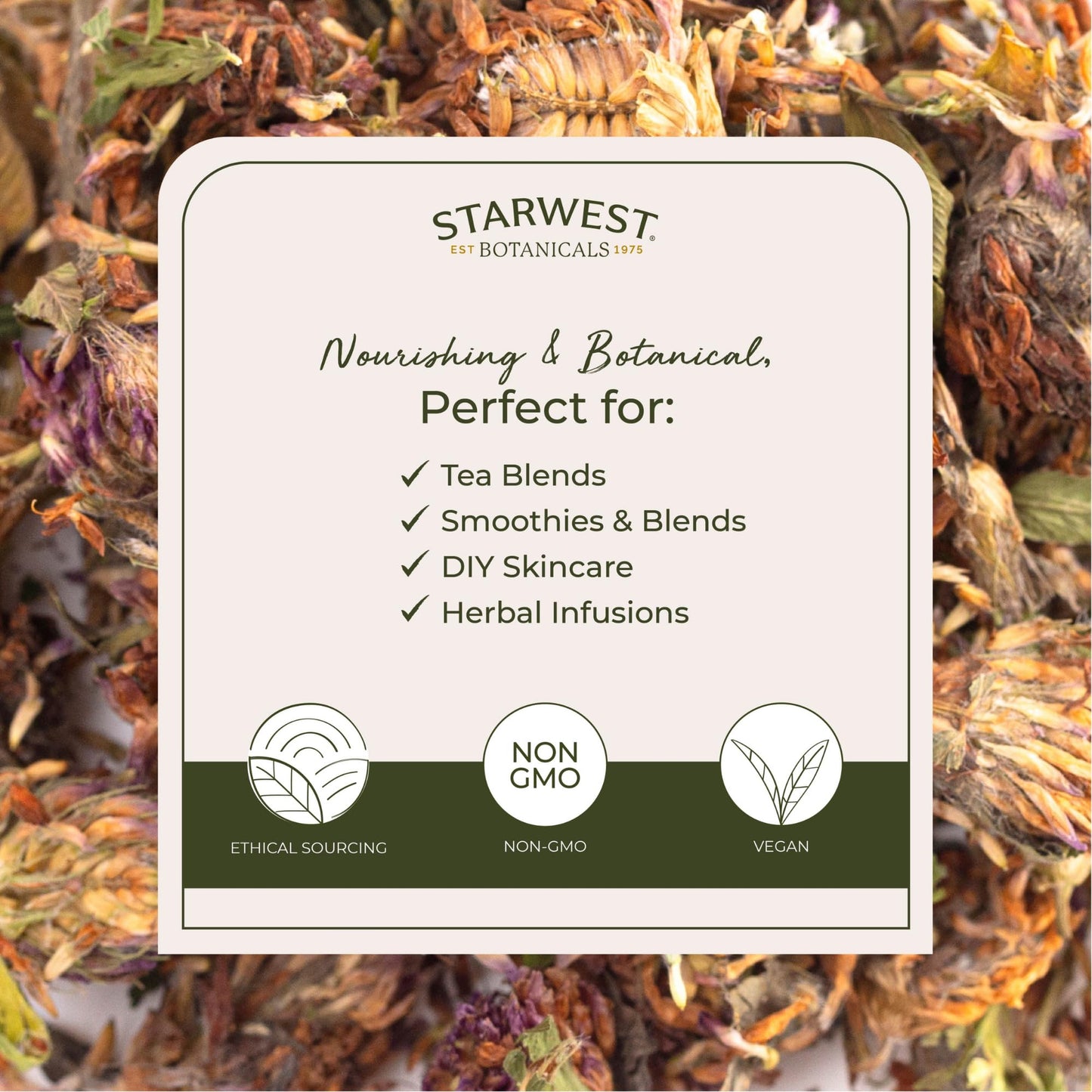 Starwest Botanicals Red Clover Blossoms Whole Organic Dried Herb for Tea, 4 oz Pouch, Non-GMO, Certified Kosher