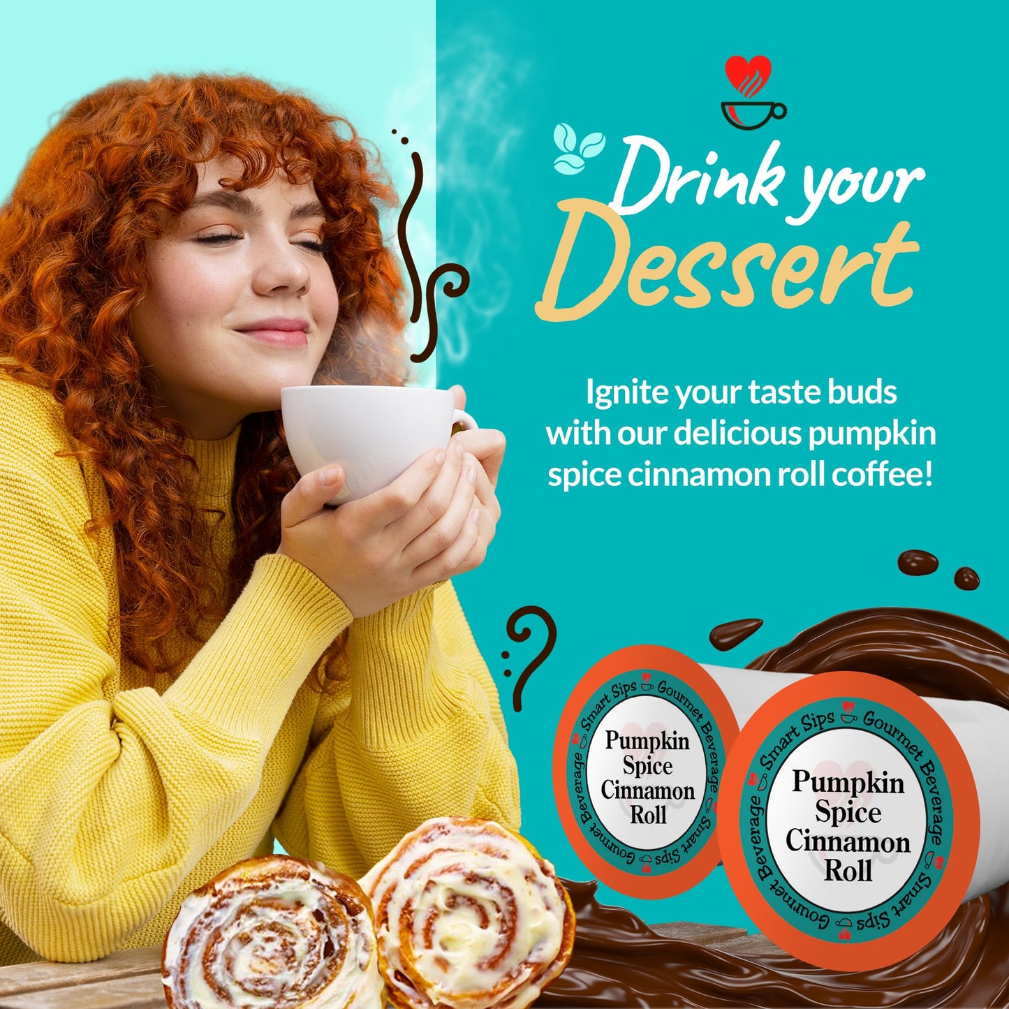 Smart Sips Coffee Pumpkin Spice Cinnamon Roll Coffee - Medium Roast, 48 Count Single-Serve Cups for Keurig K-Cup malt-inspired
