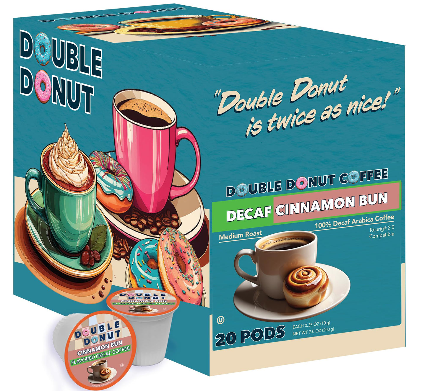 Double Donut Coffee Decaf Cinnamon Bun Coffee Pods, Medium Roast, Compatible with Keurig, 20 Count